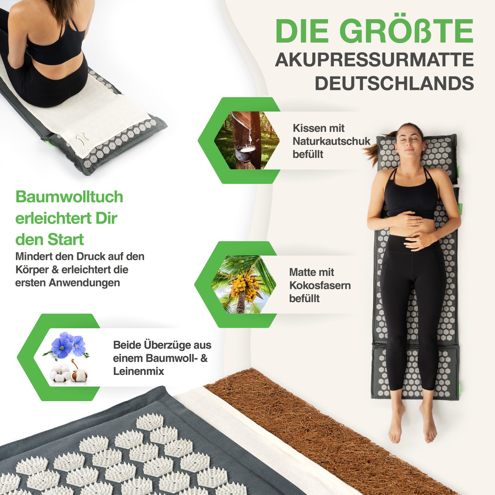 Frau liegt auf Akupressurmatte. Text: Die größte Akupressurmatte Deutschlands. Kissen mit Naturkautschuk gefüllt.
