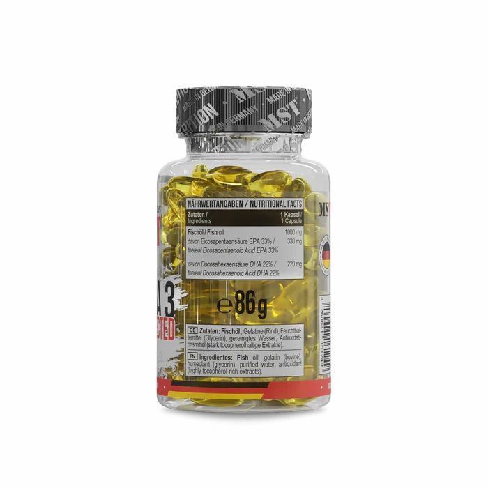 Rückseite der Flasche mit Nährwertangaben. Enthält Fischöl, EPA und DHA. Gewicht: 86g. Zutatenliste und Herstellerinformationen.