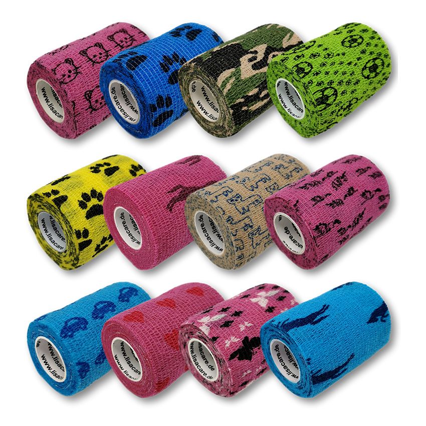 Mehrfarbige LisaCare Pflasterbandagen-Rollen mit verschiedenen Mustern: Pfoten, Fußball, Tarnmuster, etc. Aufschrift: www.lisacare.de.