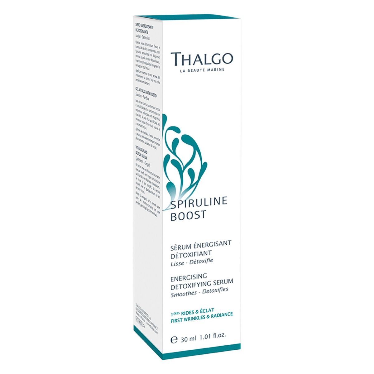 Weiße Verpackung mit Aufschrift: THALGO, SPIRULINE BOOST, Sérum énergisant détoxifiant, Energising Detoxifying Serum. Mit Logo und Volumenangabe.