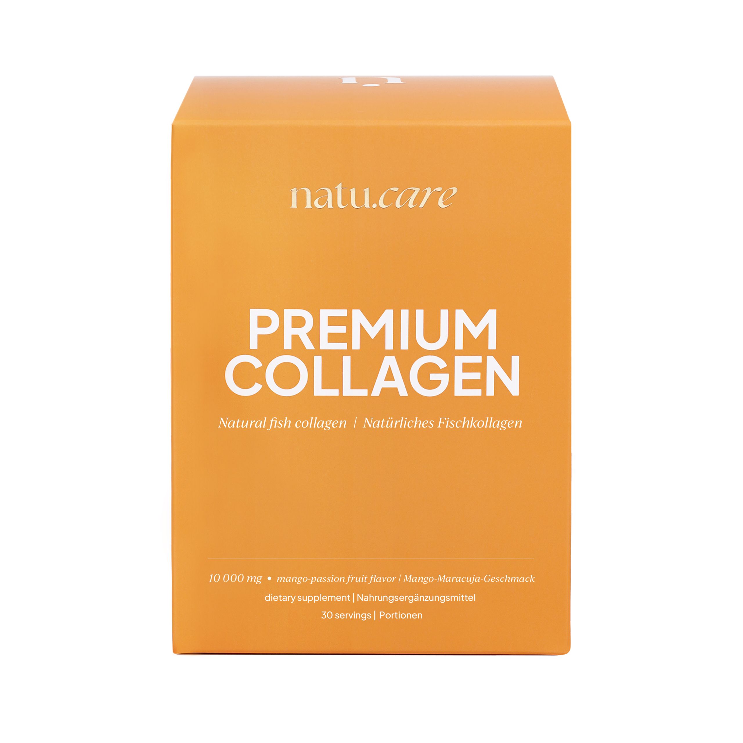 Orangefarbene Schachtel mit Aufschrift "natu.care PREMIUM COLLAGEN". Enthält 30 Portionen. Mango-Maracuja-Geschmack.