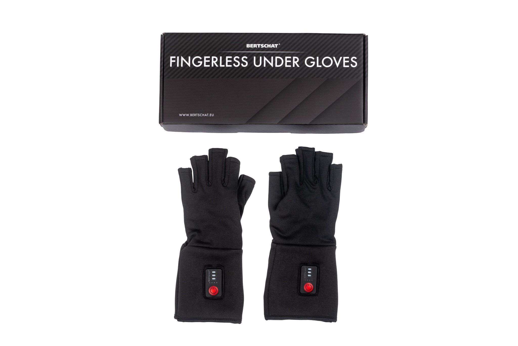 Zwei schwarze, fingerlose Handschuhe und eine schwarze Verpackung. Auf der Verpackung steht: FINGERLESS UNDER GLOVES.