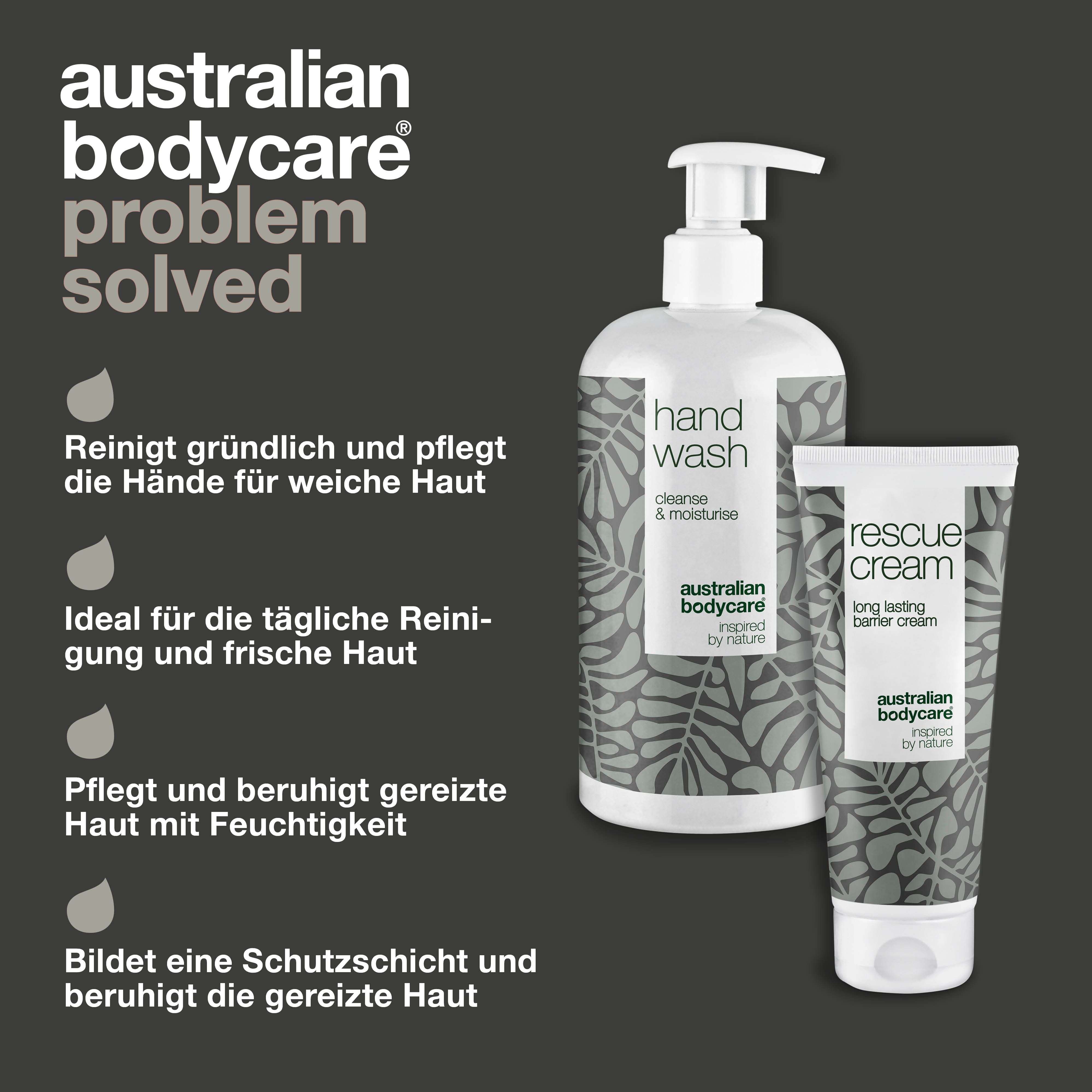Body Wash und Rescue Cream. Text: Hand Wash, Rescue Cream, Australian Bodycare.