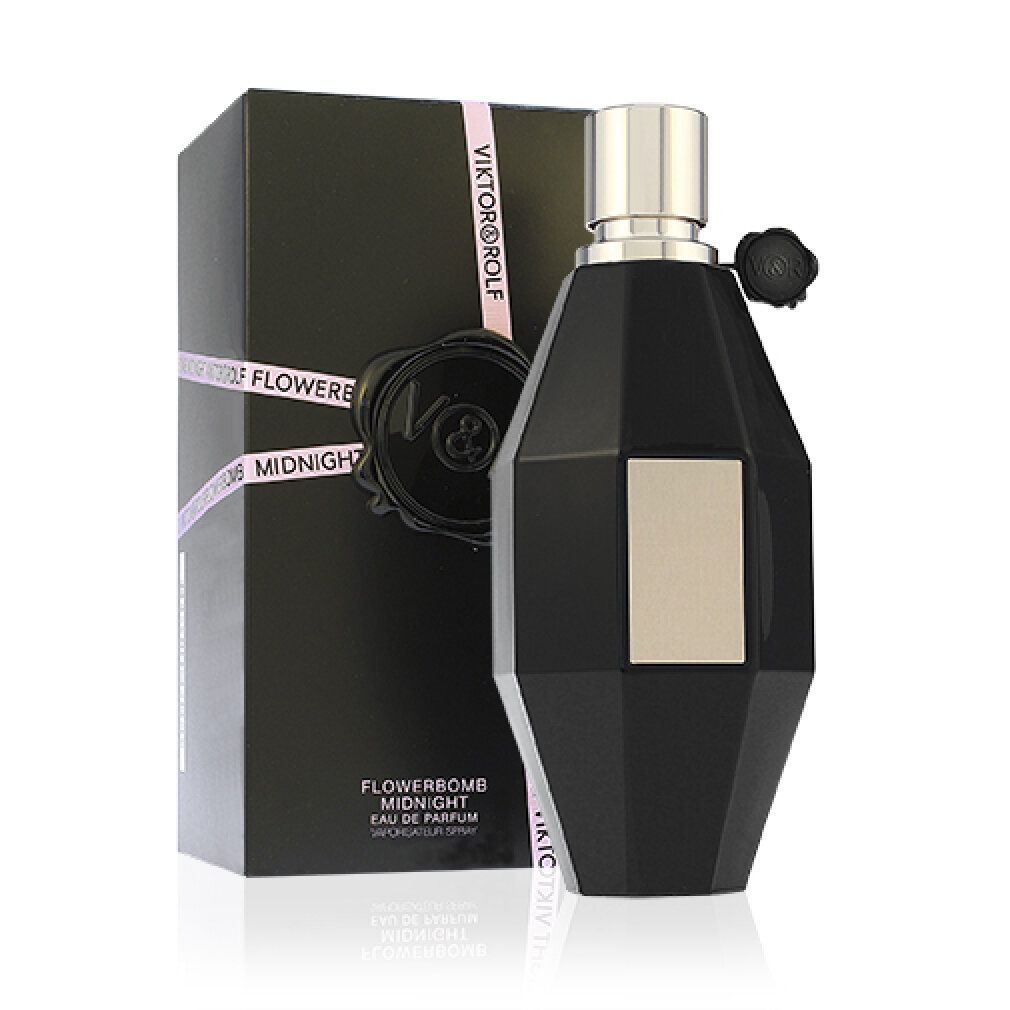 Schwarzer Flakon und Karton. Viktor & Rolf Flowerbomb Midnight Eau de Parfum Spray. Schwarze Kappe mit Logo.