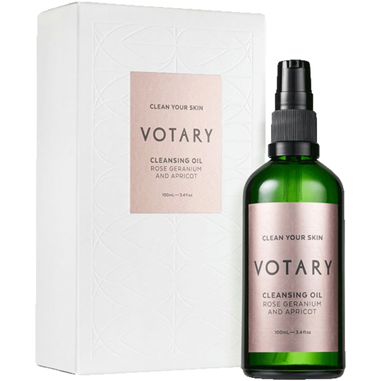 Produktflasche und Verpackung nebeneinander. Flasche: grün, Etikett. Verpackung: weiß, Etikett mit Votary, Cleansing Oil.