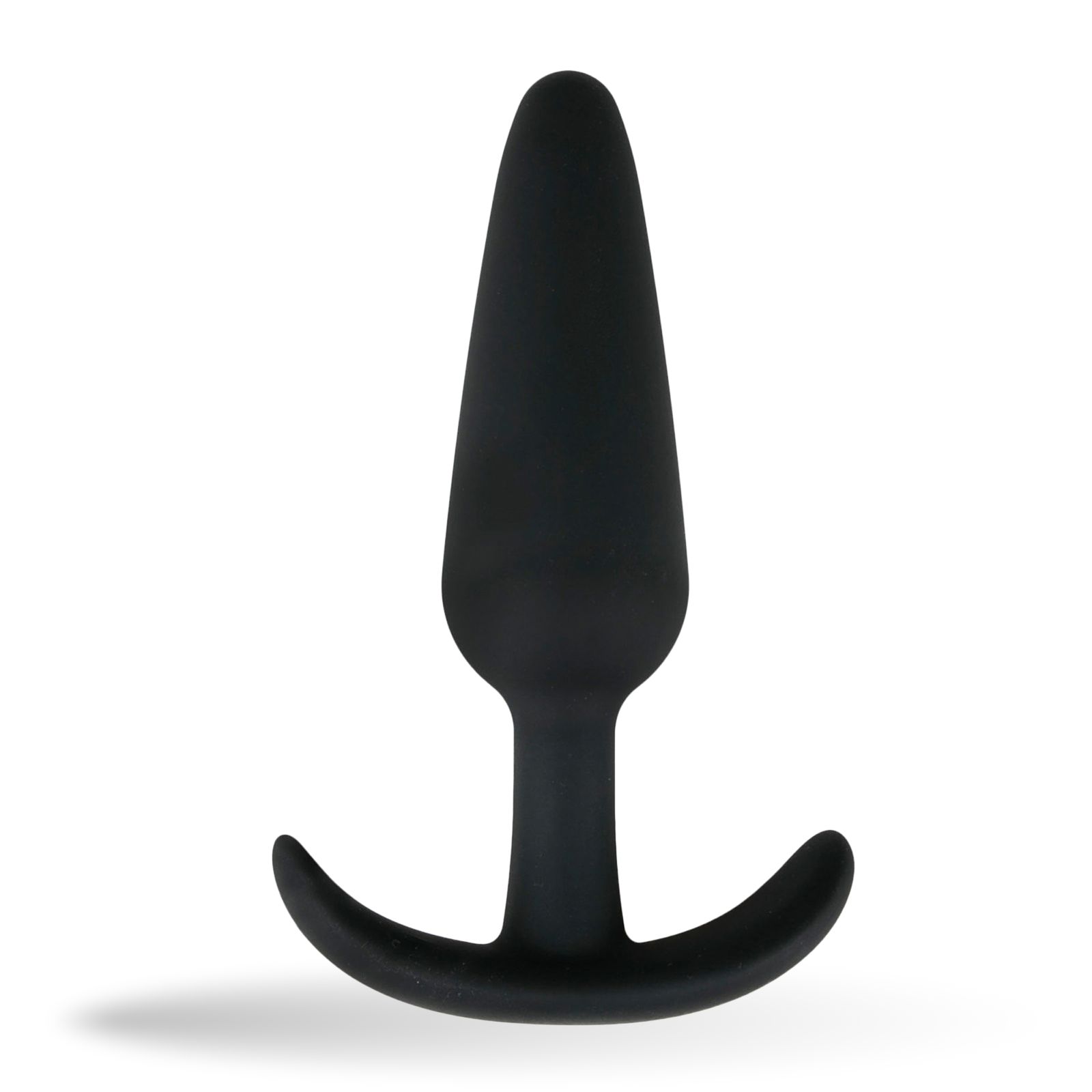 Schwarzer Analplug aus Silikon mit Griff. Kegelförmiger Körper, T-förmiger Griff. Glatte Oberfläche.