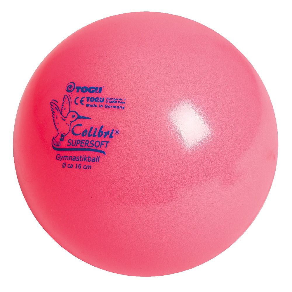 Rosa Gymnastikball. Aufdruck: Togu, Colibri Supersoft, Durchmesser ca. 16 cm. Logo mit Kolibri.