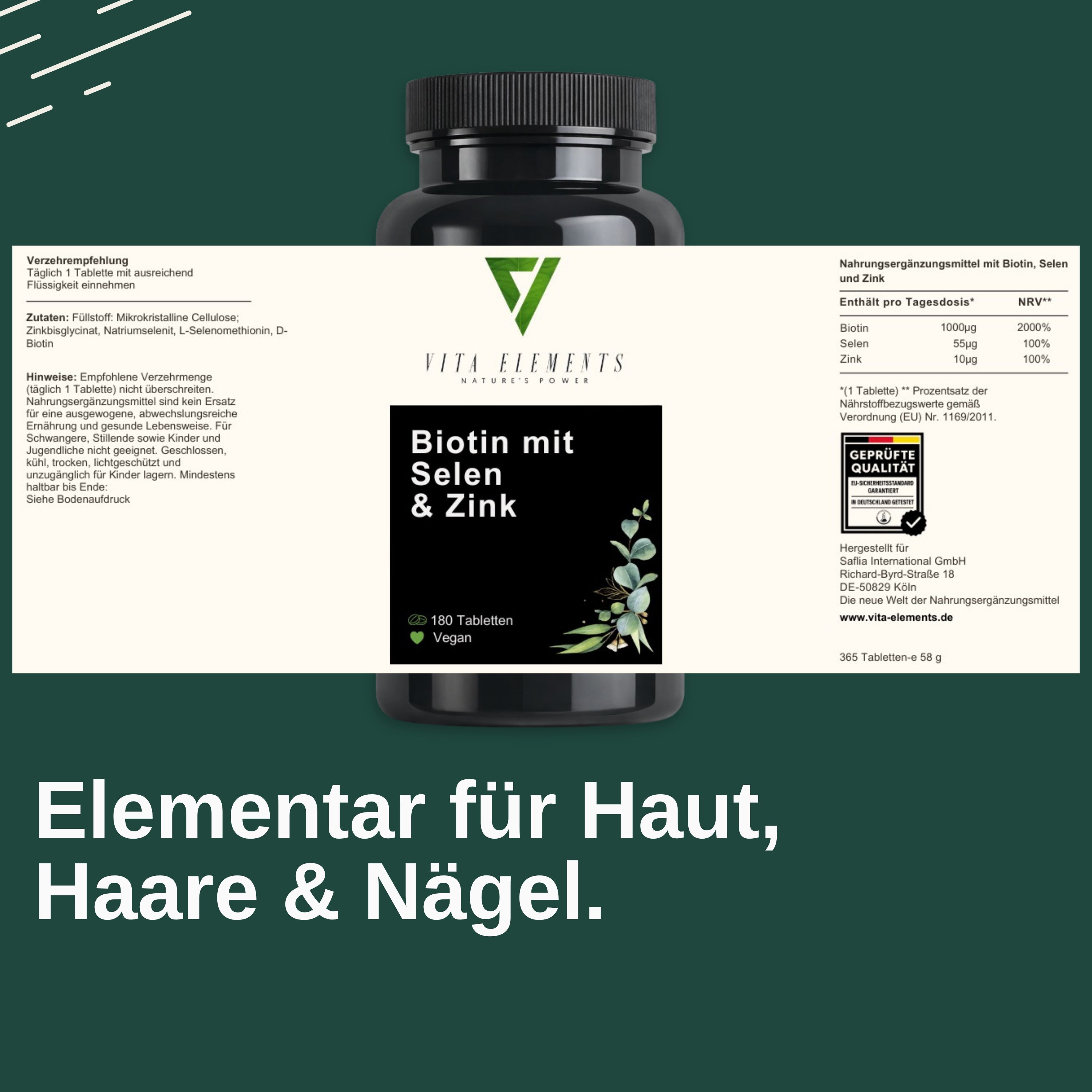 Schwarze Flasche Vita Elements Biotin mit Selen & Zink. 180 Tabletten, vegan. Text: Elementar für Haut, Haare & Nägel. Zertifizierung.