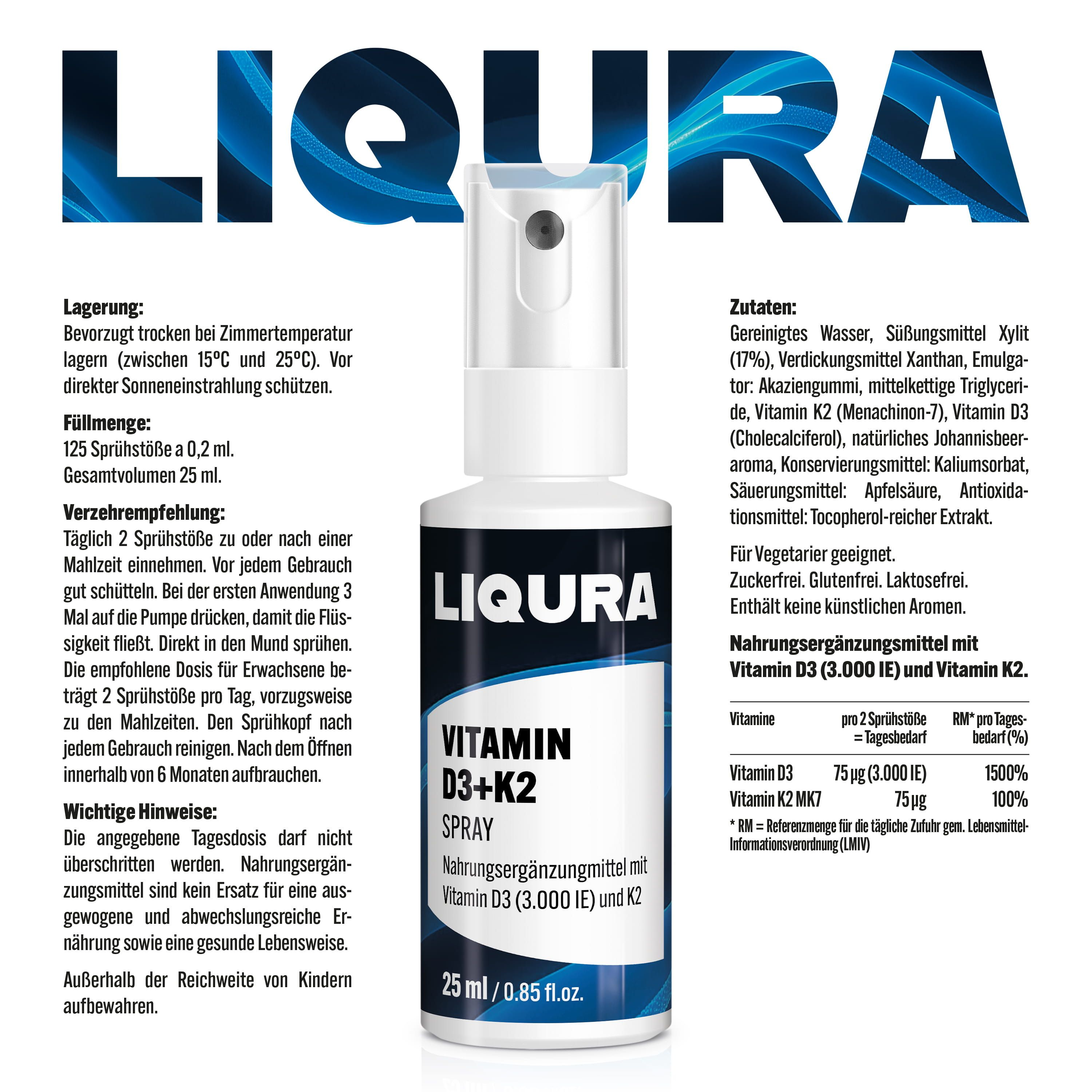 Sprayflasche mit LIQURA Vitamin D3+K2. Weißes Etikett mit Produktinformationen. 25 ml Flasche.