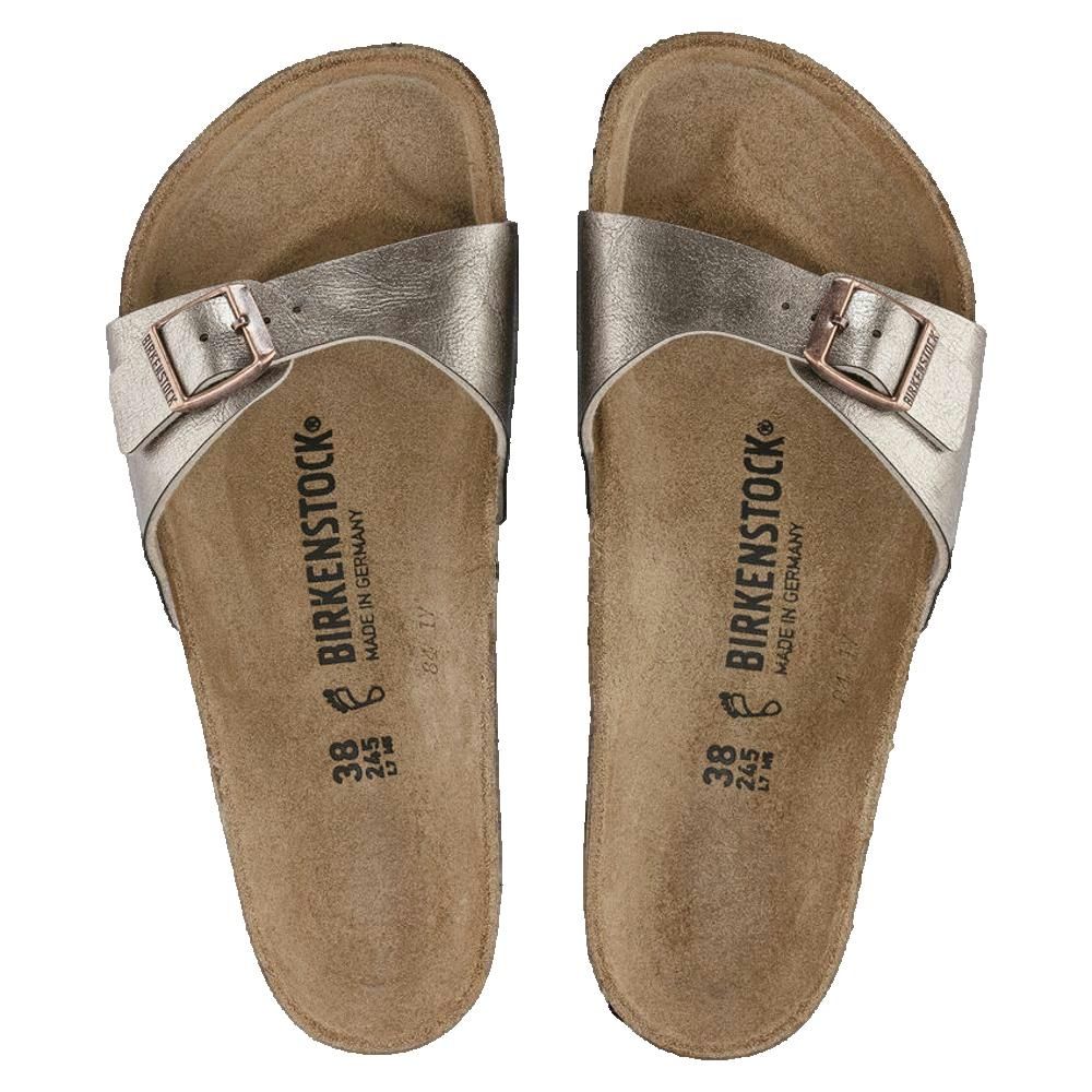 Due sandali Birkenstock Madrid BS argento. Visibile: marchio, taglia 38, plantare.