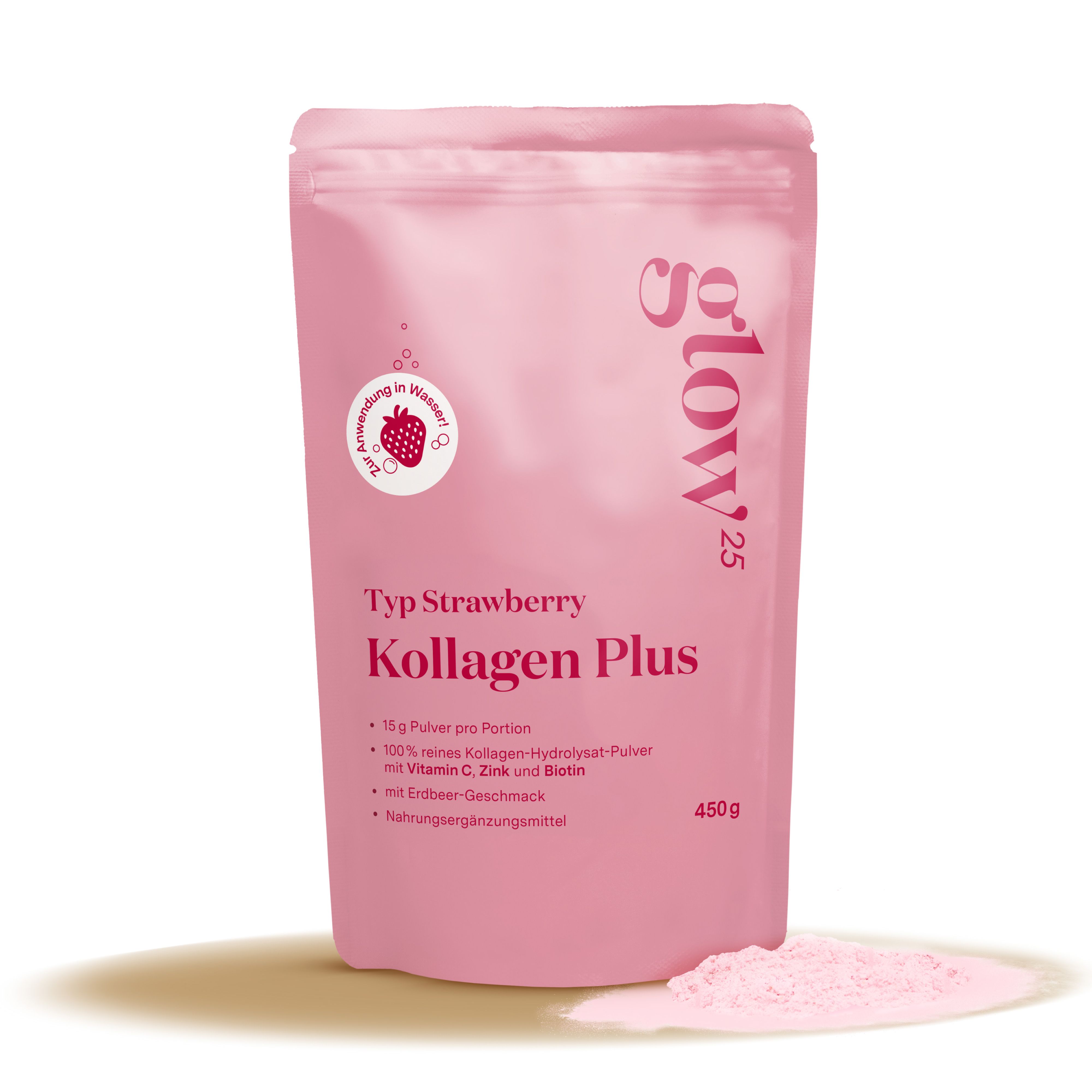 Rosa Beutel mit Glow25 Kollagen Plus Typ Strawberry. Text: 450g, 7,5g Pulver pro Portion, 100% Kollagen-Hydrolysat-Pulver, Vitamin C, Zink und Biotin.