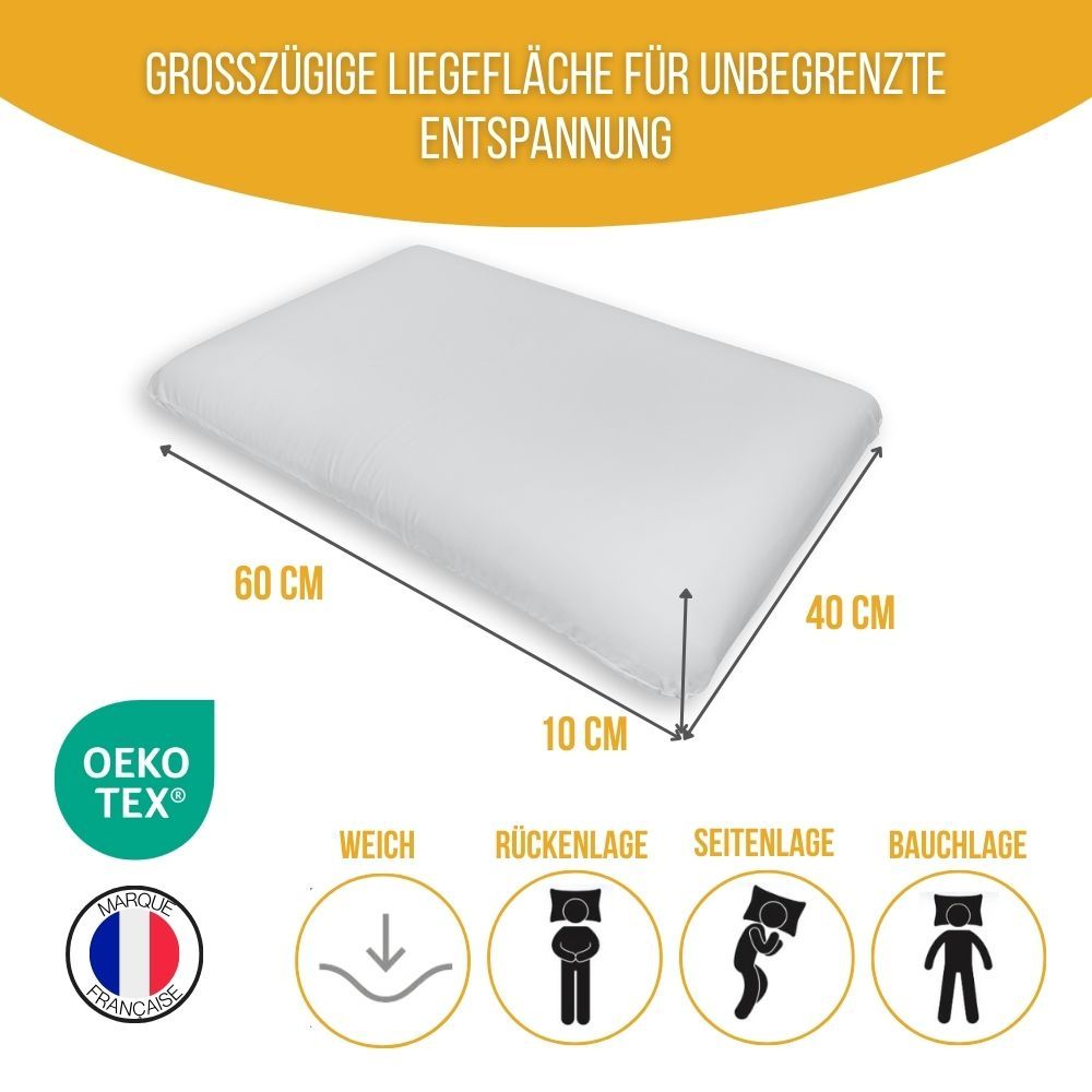 Weißes Kissen mit Text. Maße: 60x40x10 cm. Oeko-Tex. Made in France. Symbole für Schlafpositionen.