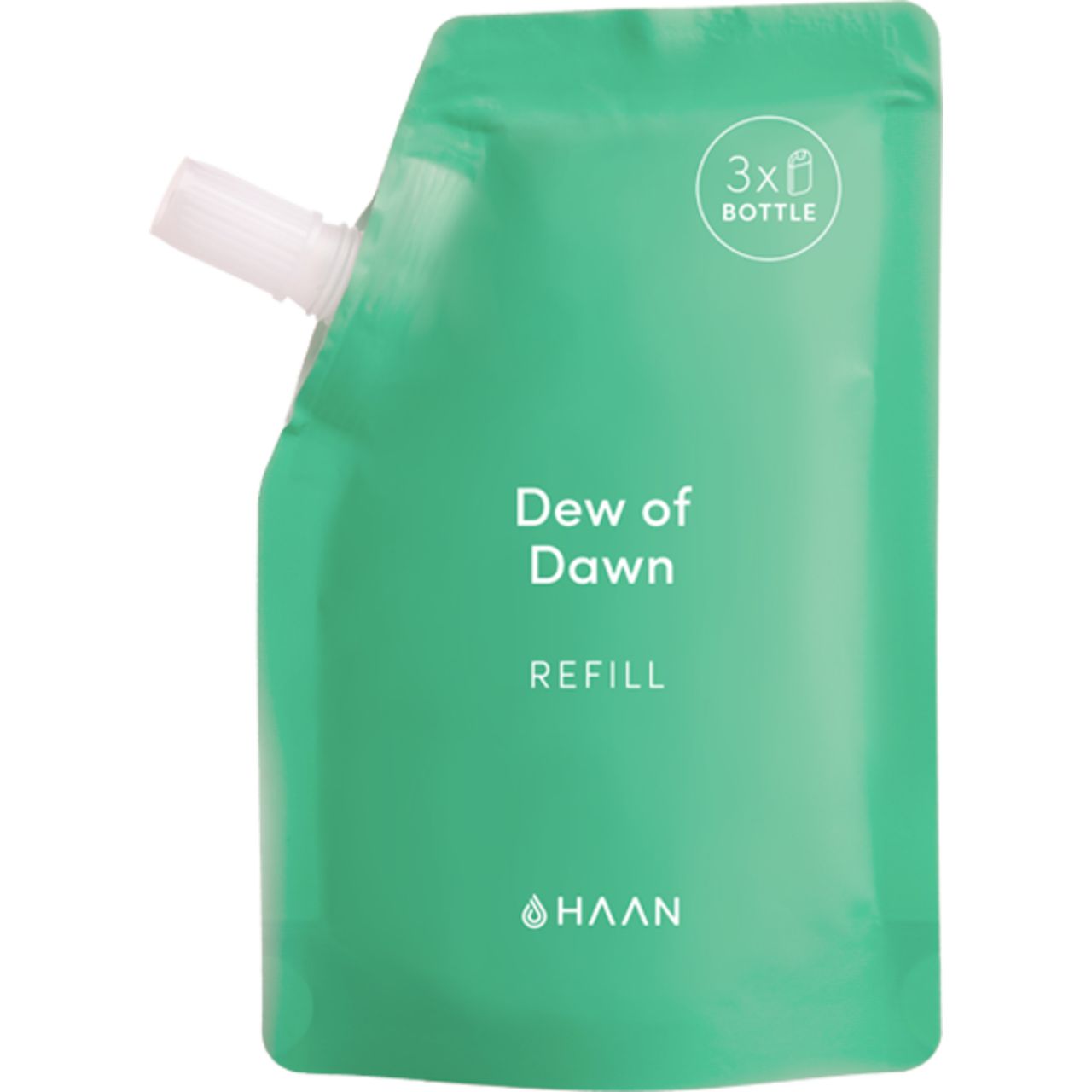 Grüner Nachfüllbeutel mit weißem Ausgießer. Aufschrift: Dew of Dawn Refill. Marke: HAAN. Oben: 3x Flaschen-Symbol.