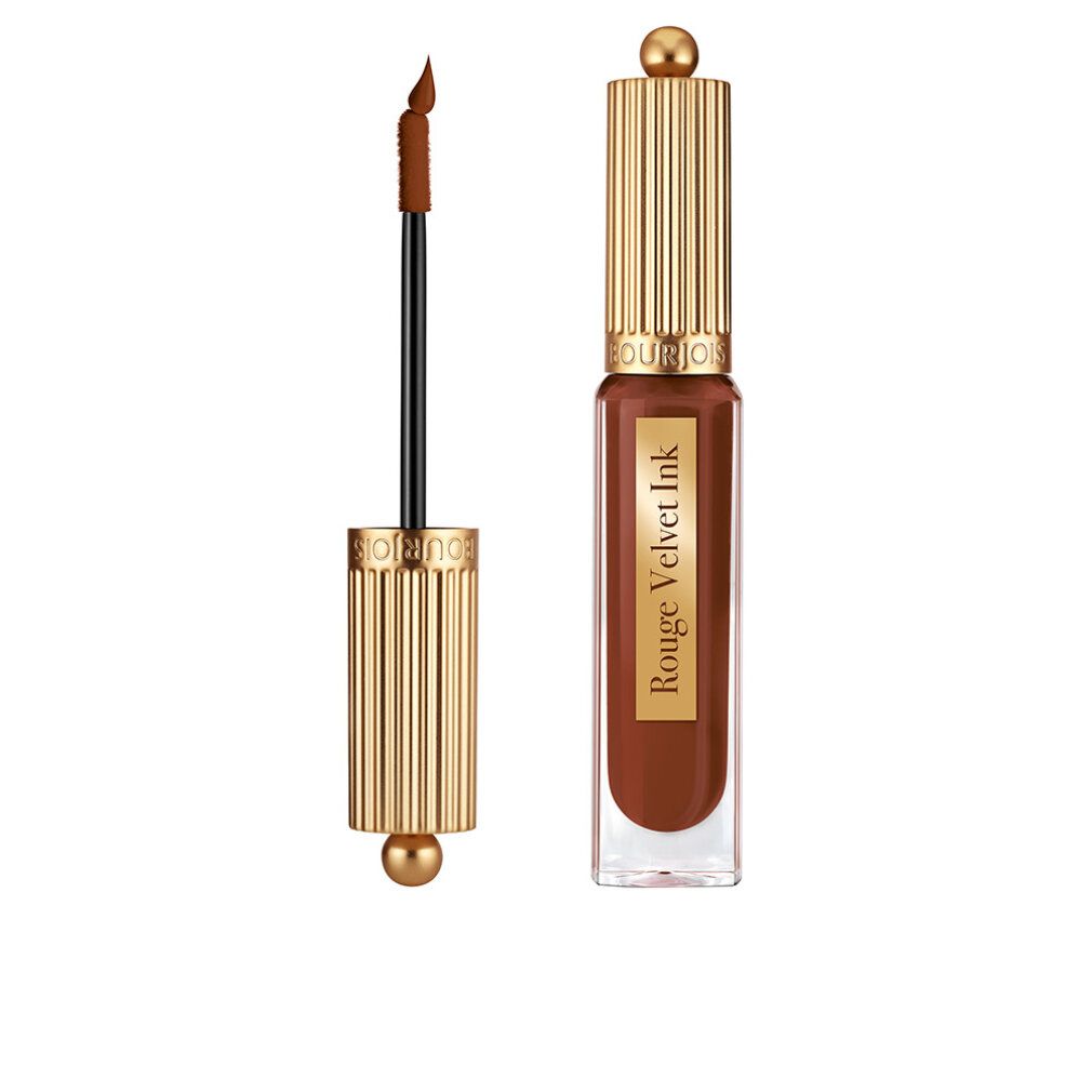 Lippenstift Bourjois Velvet Ink, braun. Goldfarbene Kappe, schwarzer Applikator. Produktname auf dem Flakon.