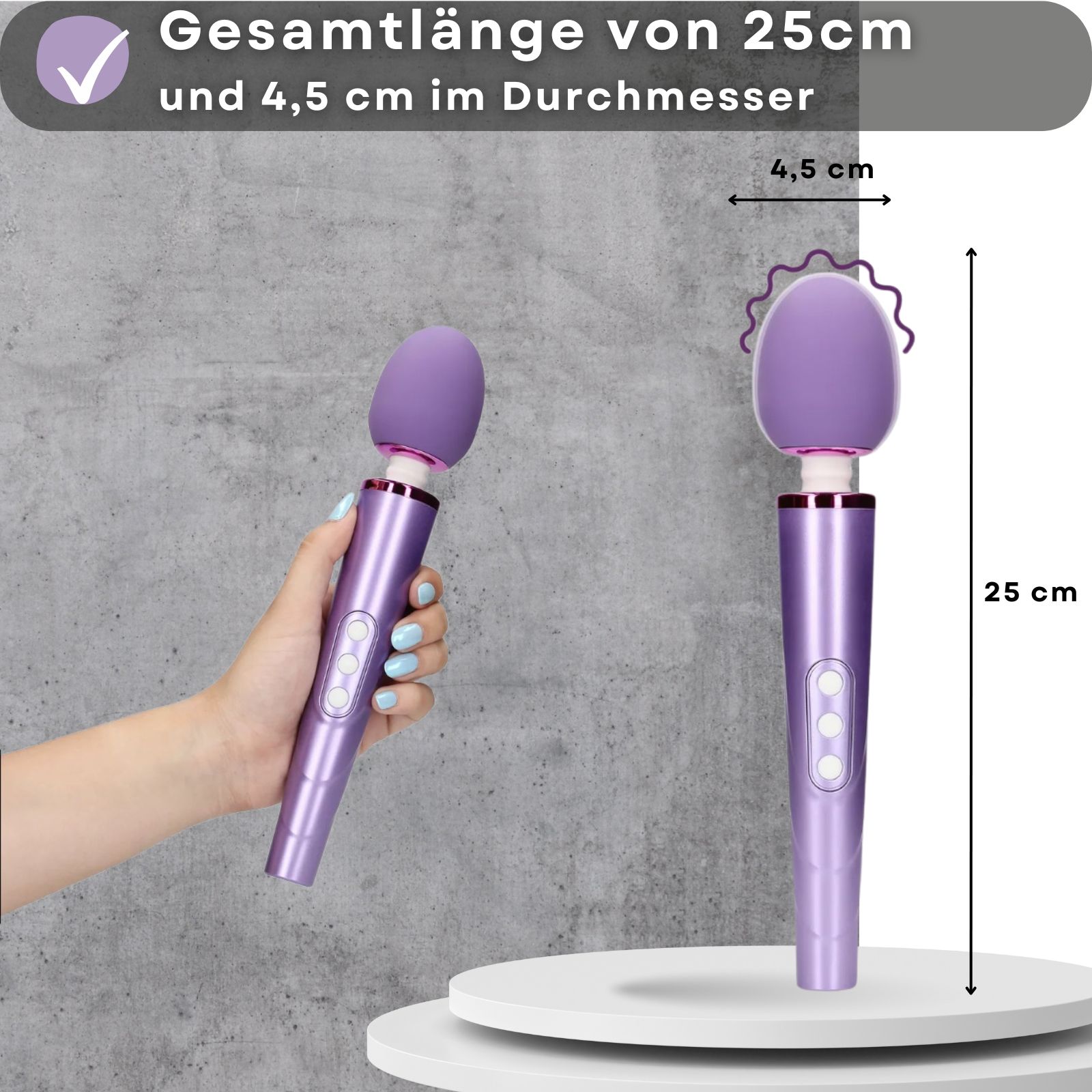 Lila Stabvibrator. Maße: 25 cm lang, 4,5 cm Durchmesser. Hand hält Vibrator.