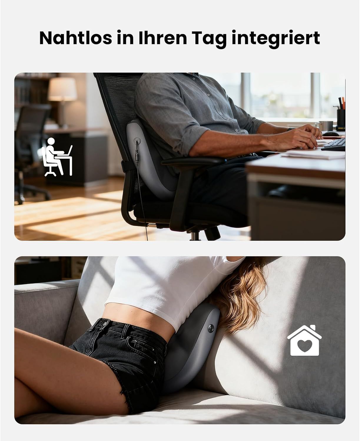 Rückenstützkissen für den Bürostuhl und das Sofa, nahtlos in den Alltag integriert.