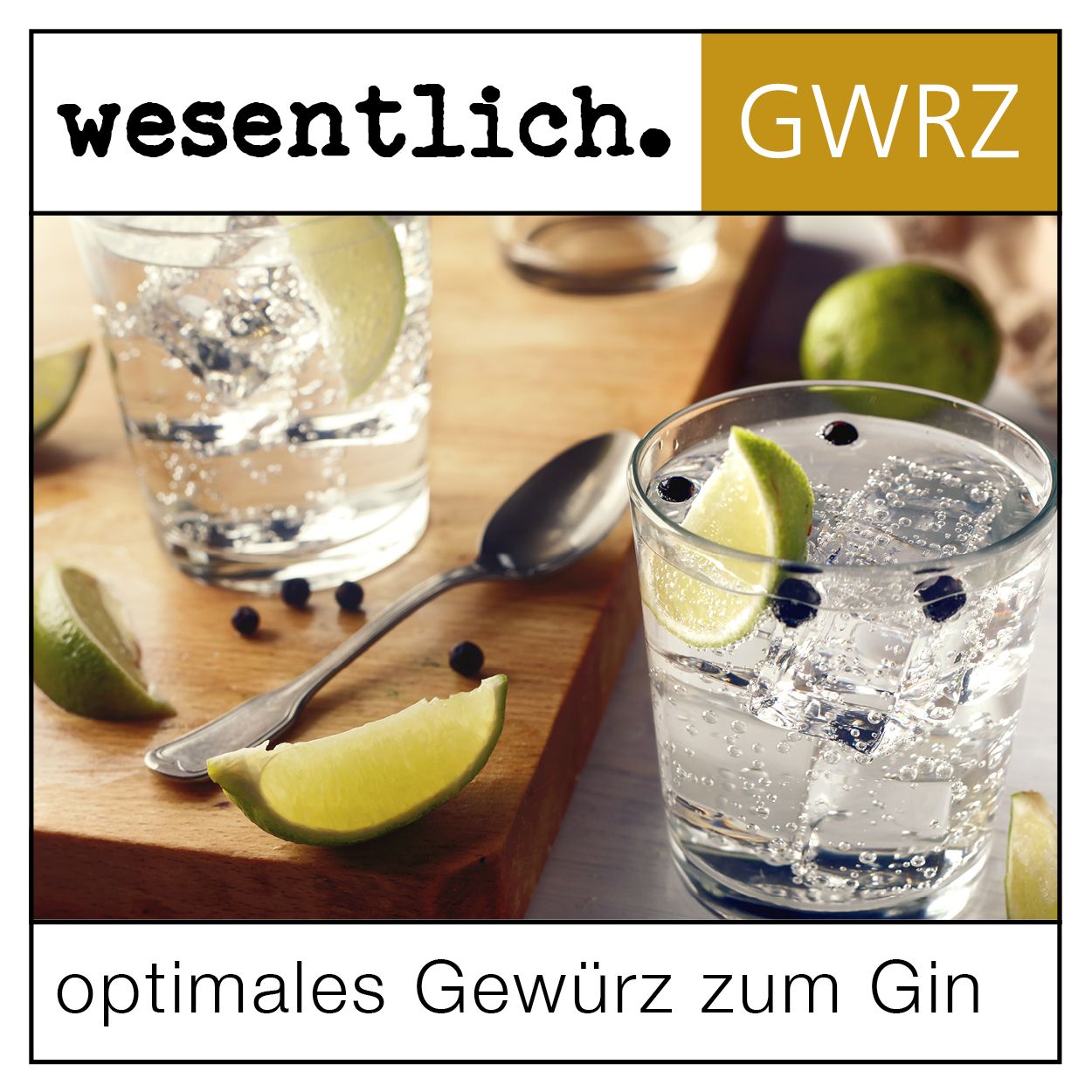 Gläser mit Gin und Limetten, daneben Löffel. Aufschrift: wesentlich. optimales Gewürz zum Gin.