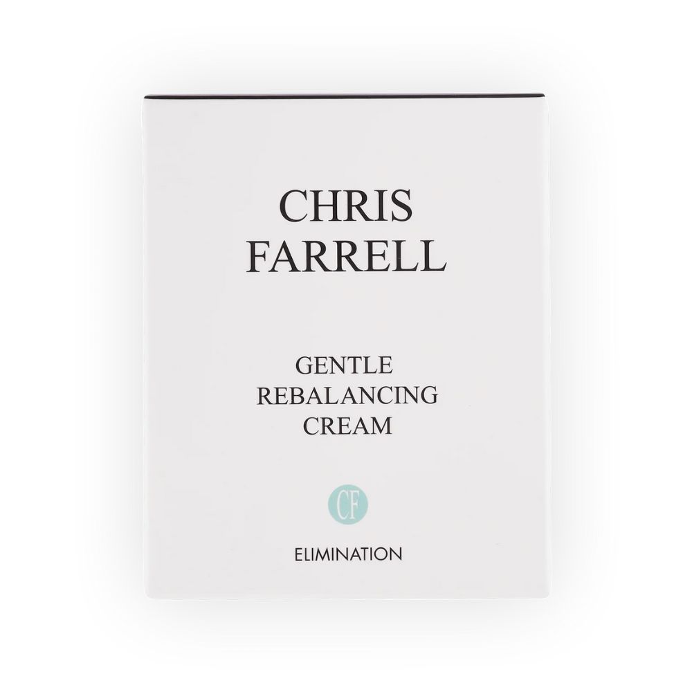 Weiße Produktverpackung mit schwarzem Text. Oben steht "CHRIS FARRELL", darunter "GENTLE REBALANCING CREAM" und "ELIMINATION".