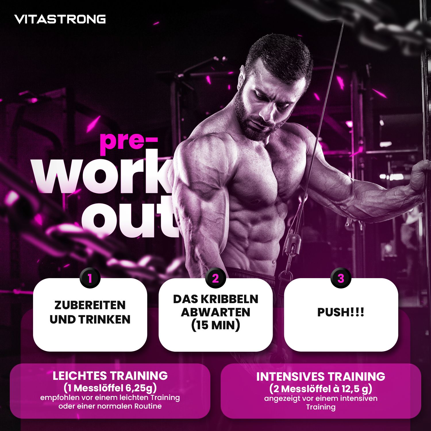 Mann in Fitnessstudio. Aufschrift: Pre-Workout. Schritte: Zubereiten, abwarten, Push. Pinker Hintergrund.