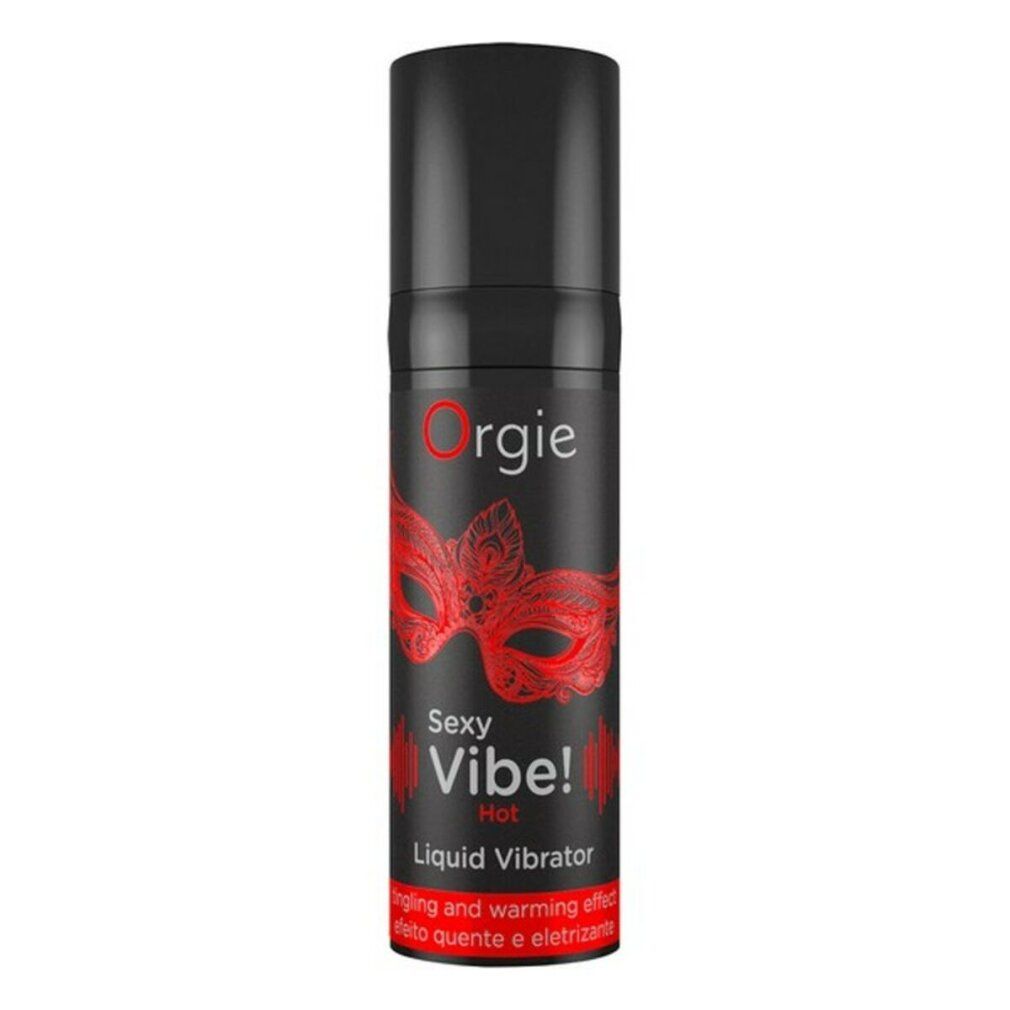 Schwarze Flasche mit roter Grafik und Text. Produktname: Sexy Vibe! Hot. Text: Liquid Vibrator. Marke: Orgie.