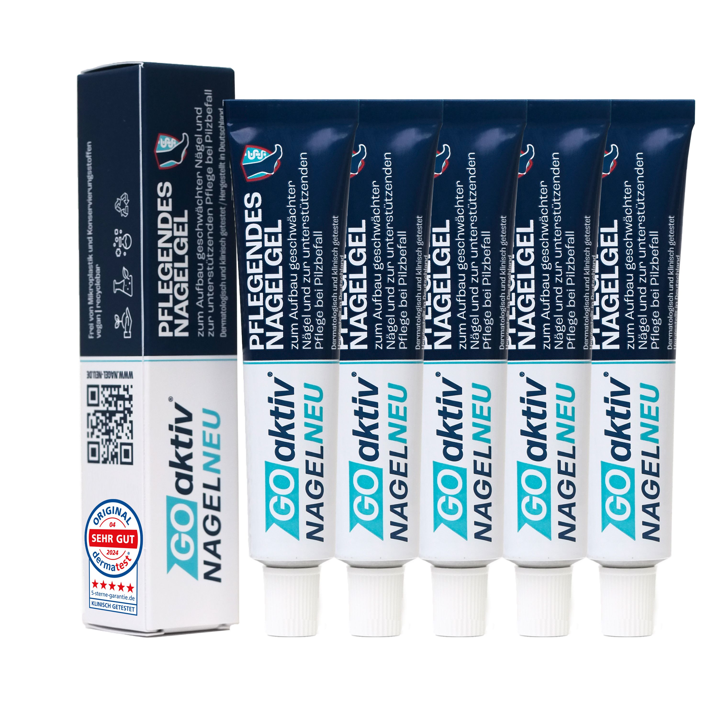 Verpackung und Tuben mit Nagelgel. Aufschrift: GOaktiv NAGELNEU, PFLEGENDES NAGELGEL. Enthält ein Qualitätssiegel.
