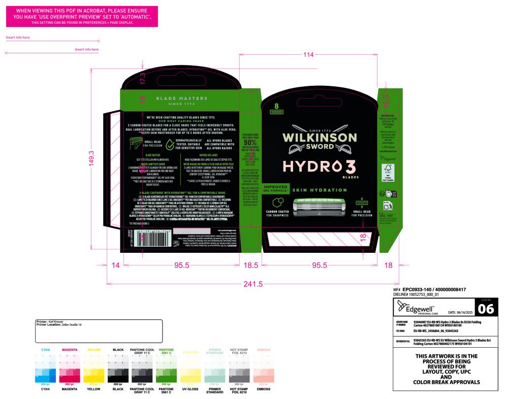 Verpackung mit 8 Wilkinson Sword Hydro 3 Rasierklingen, Skin Hydration.