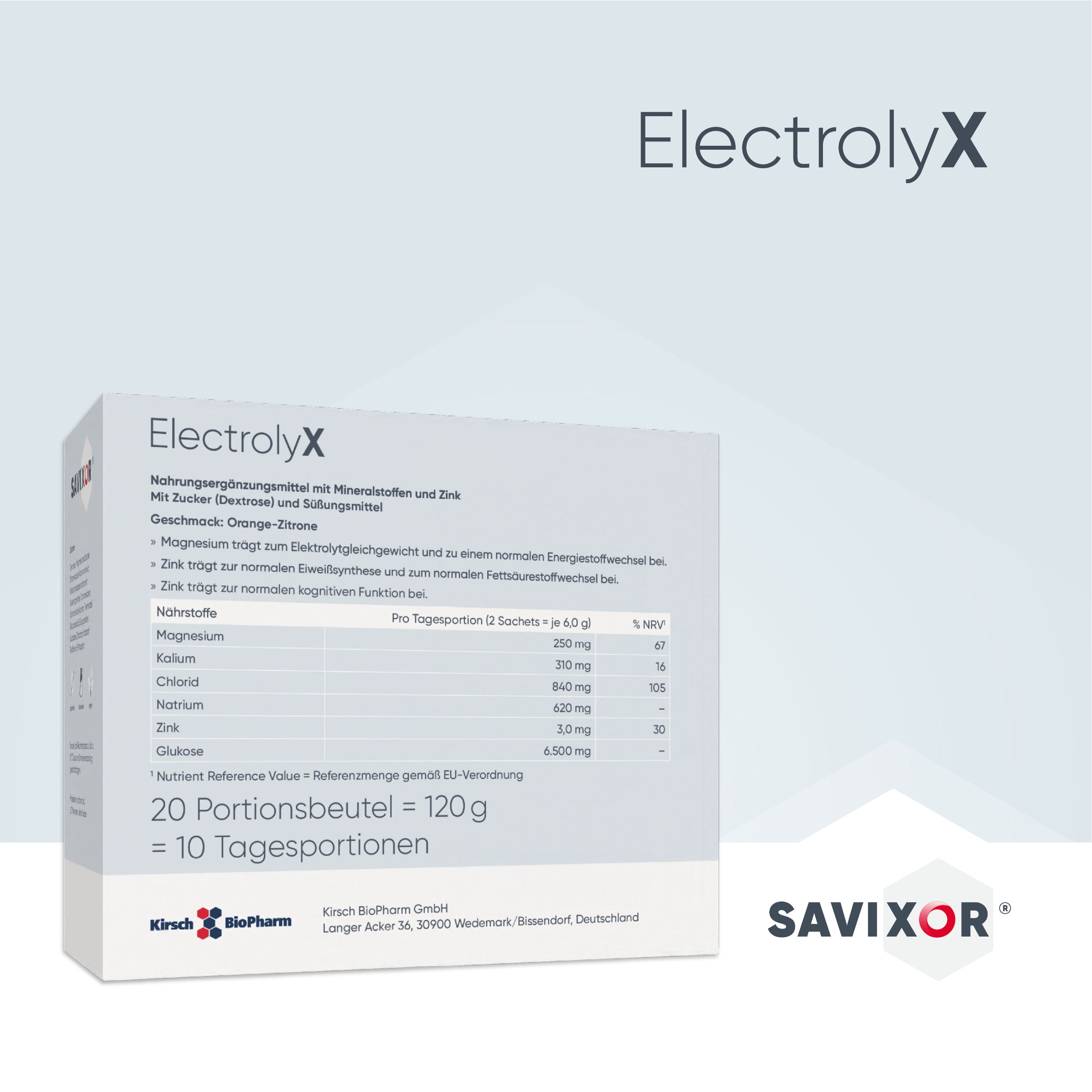 Weißer Karton mit Text: ElektrolyX, Nährwerttabelle, 20 Portionenbeutel = 120g. Savixor-Logo. Kirsch BioPharm-Logo.