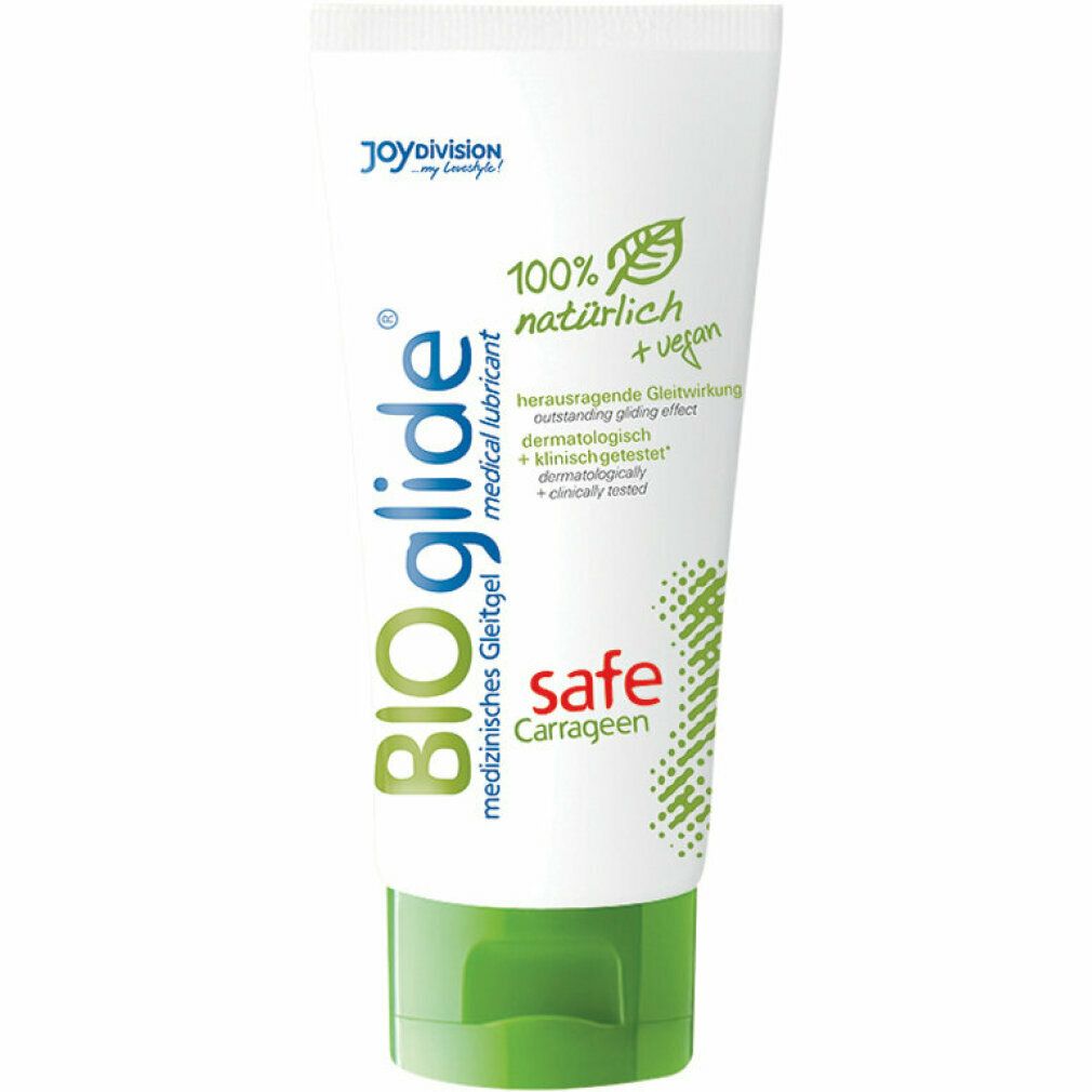 Weiße Tube mit grüner Kappe. Aufschrift BIOglide, safe, 100% natürlich + vegan. Logo. Text in Deutsch.