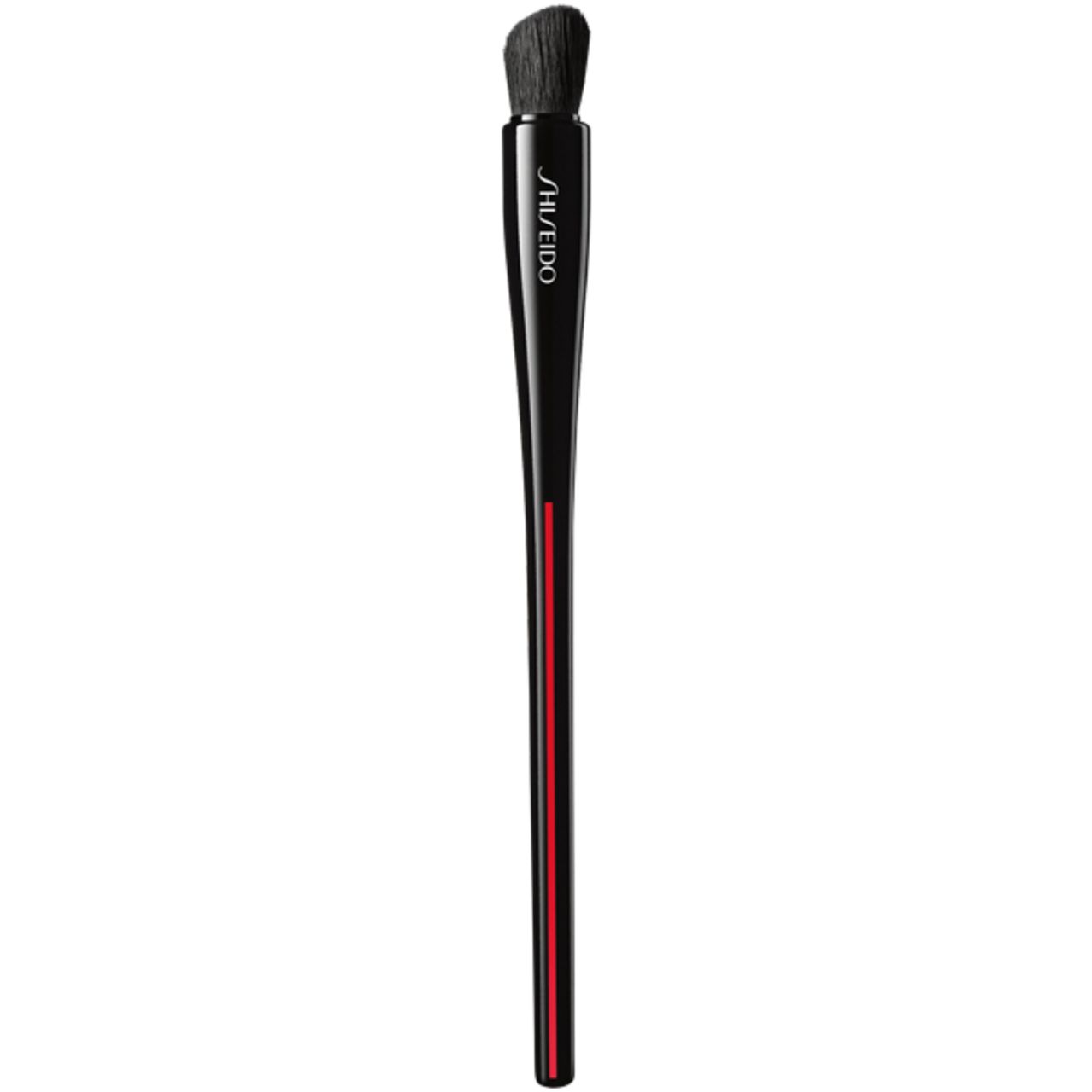 Schräger Pinsel mit schwarzem Griff und rotem Streifen. Schwarze Borsten. Marke Shiseido.