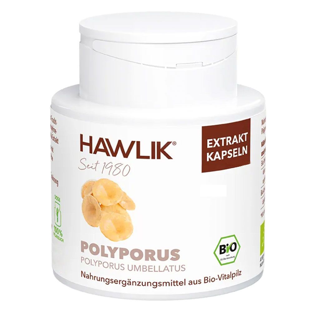Weiße Flasche mit "HAWLIK" und "Extrakt Kapseln" Aufschrift. Enthält Polyporus-Pilz-Abbildung und Bio-Siegel.