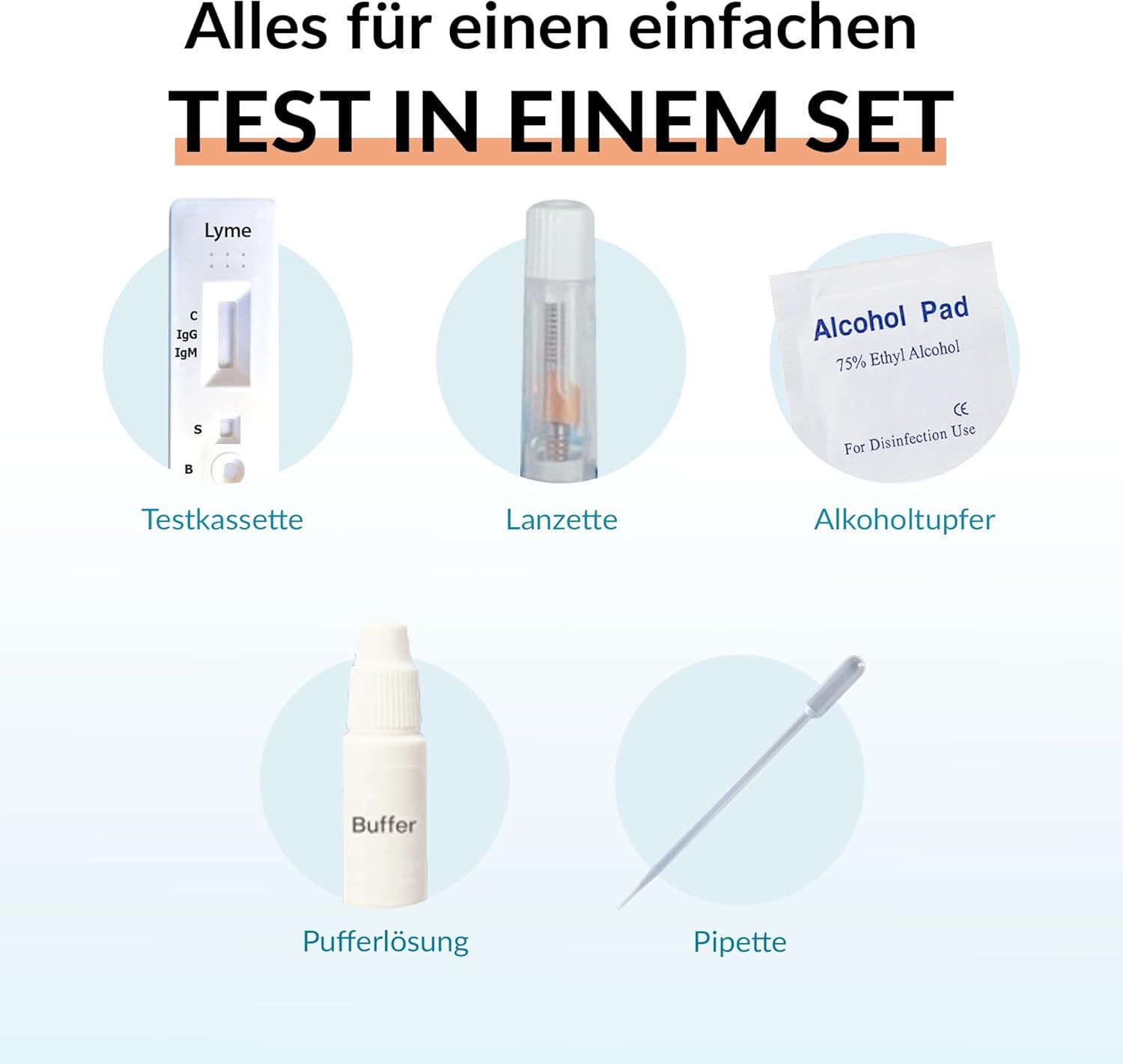 Verschiedene Komponenten eines GetTested Borreliose-Tests: Testkassette, Lanzette, Alkoholpad, Pufferlösung und Pipette.