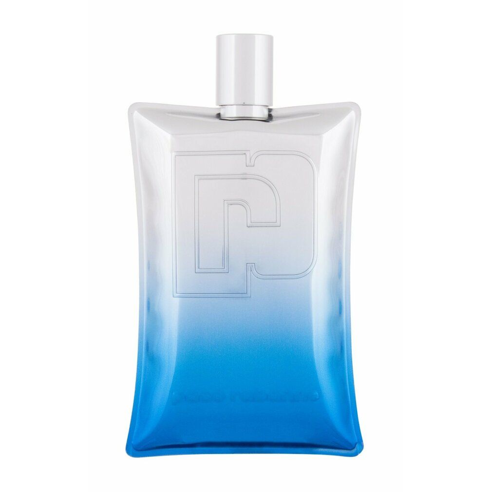 Flacone con sfumatura blu. Tappo bianco. Logo "Paco Rabanne" in rilievo. Forma rettangolare con angoli arrotondati.