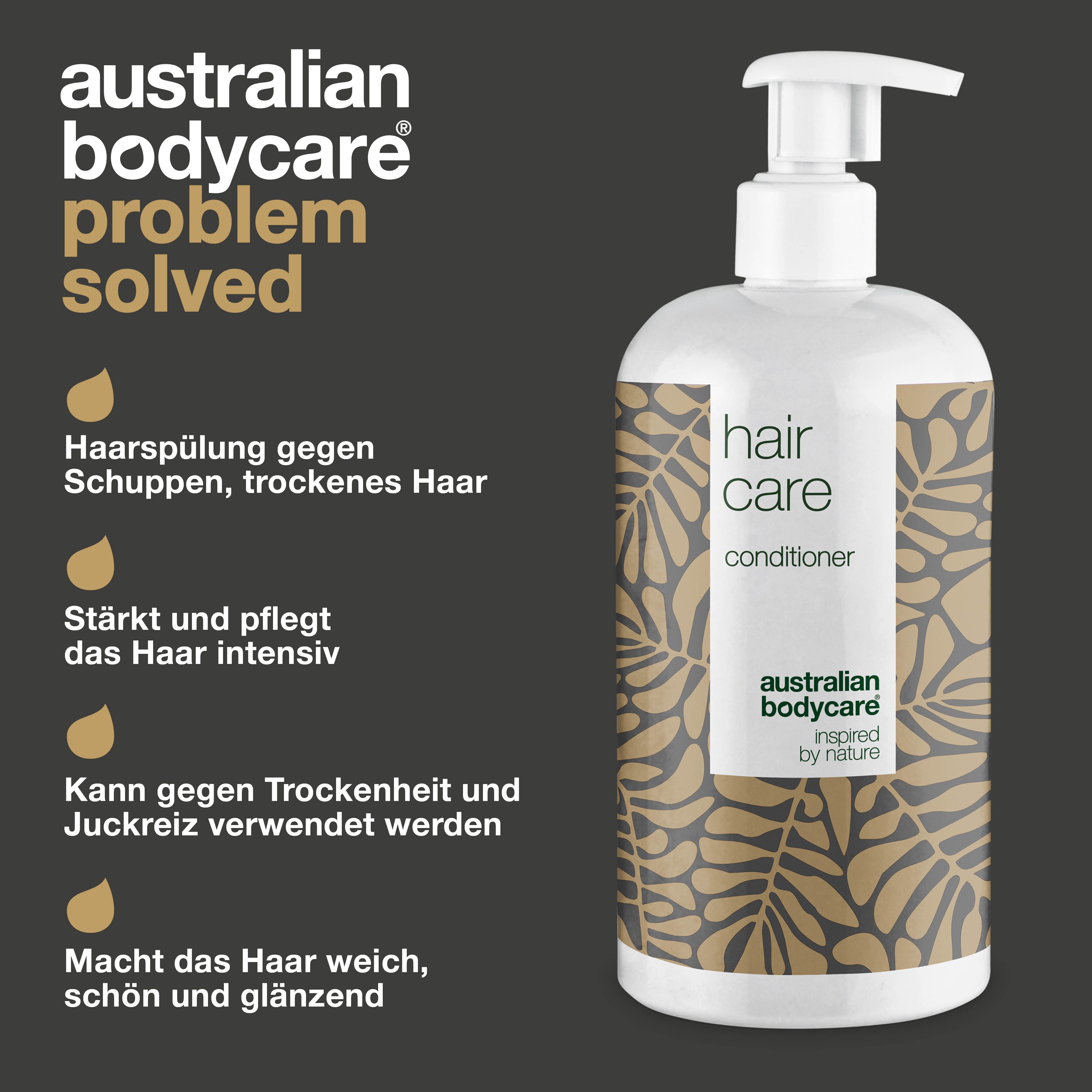 Flasche Conditioner mit Pumpverschluss und Klecks Creme. Text: Hair Care, australian bodycare. Vorteile: dermatologisch getestet, recyclebar, hochwertige Inhaltsstoffe.