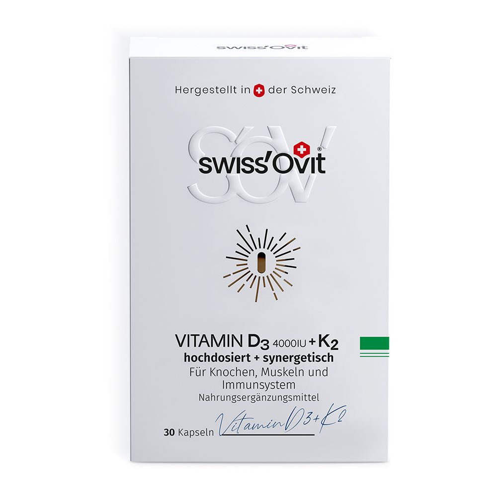 Produktverpackung. Text: SwissOvit Vitamin D3 4000 + K2, 30 Kapseln. Nahrungsergänzungsmittel.