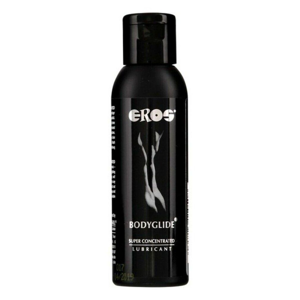 Schwarze Flasche mit schwarzem Deckel. Aufschrift: EROS, BODYGLIDE, SUPER CONCENTRATED LUBRICANT. Weißes Logo einer Frau.