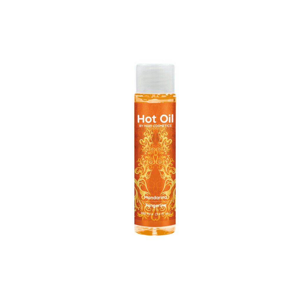 Massageöl-Flasche. Aufschrift: Hot Oil, Mandarina, Tangerine. Marke: NUEI cosmetics.