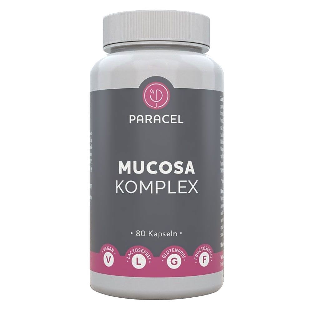 Weiße Flasche mit Kapseln. Aufschrift: Paracel Mucosa Komplex, 80 Kapseln. Vegan, laktosefrei, glutenfrei, fructosefrei.