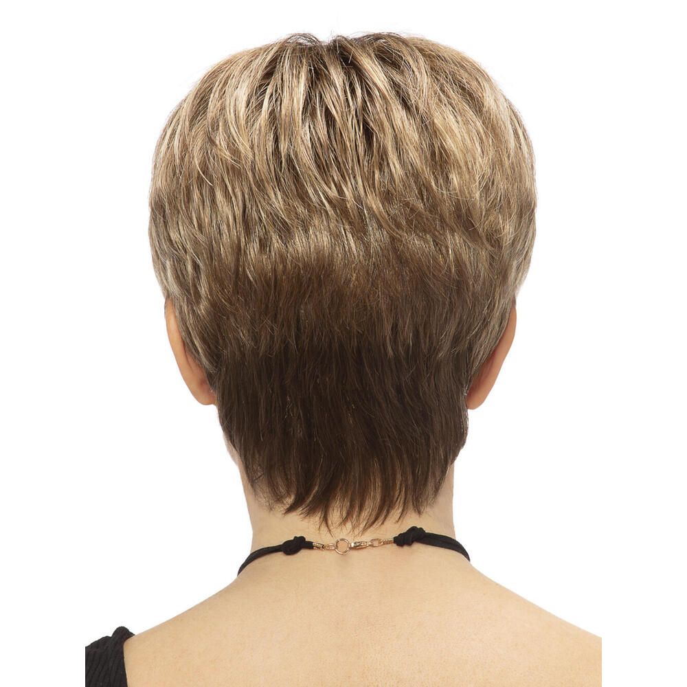 Kurzhaarperücke mit blonden Strähnen. Frau mit Halskette. Rückansicht.