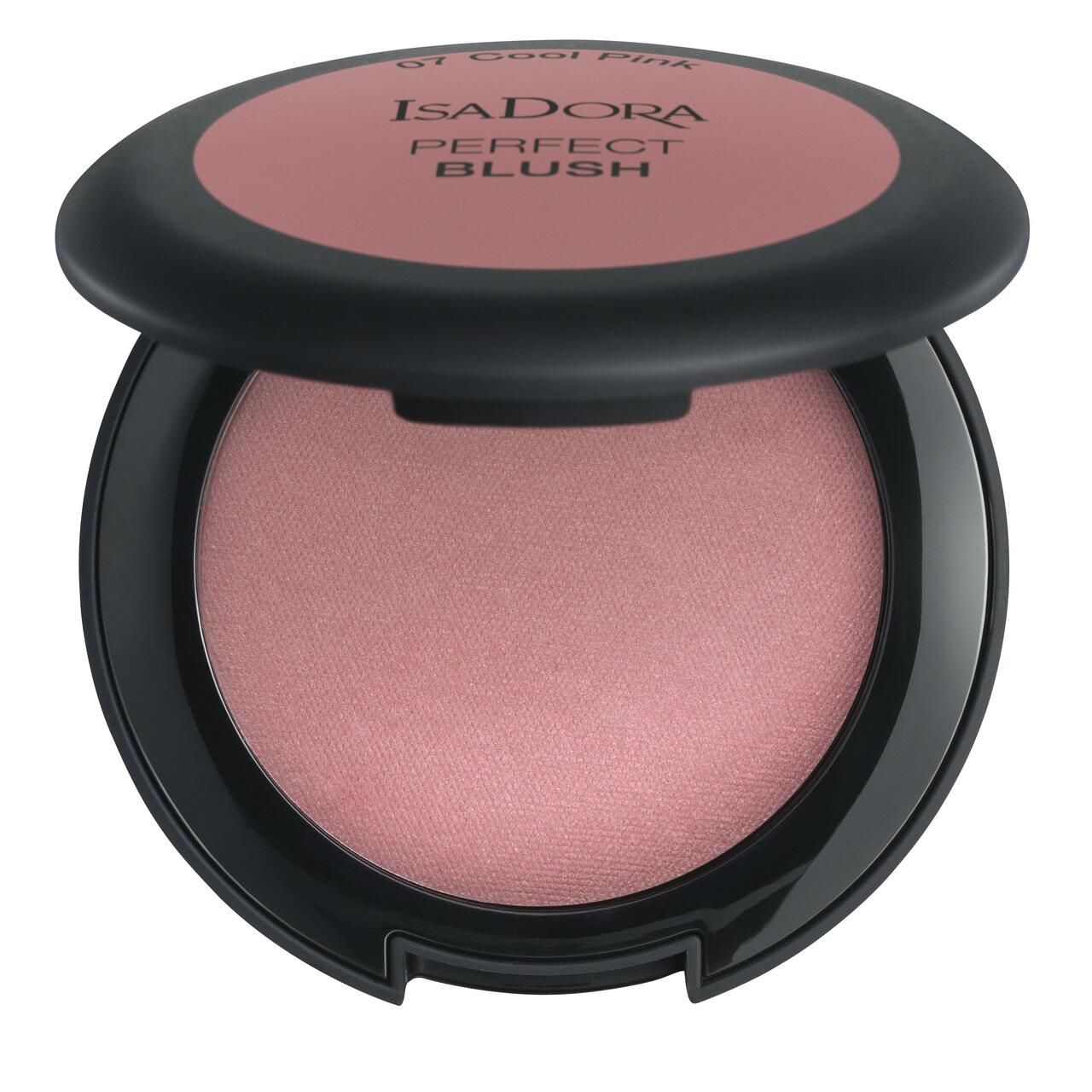 IsaDora Perfect Blush, 07 Cool Pink. Runde, schwarze Dose mit rosafarbenem Rouge. Deckel geöffnet.