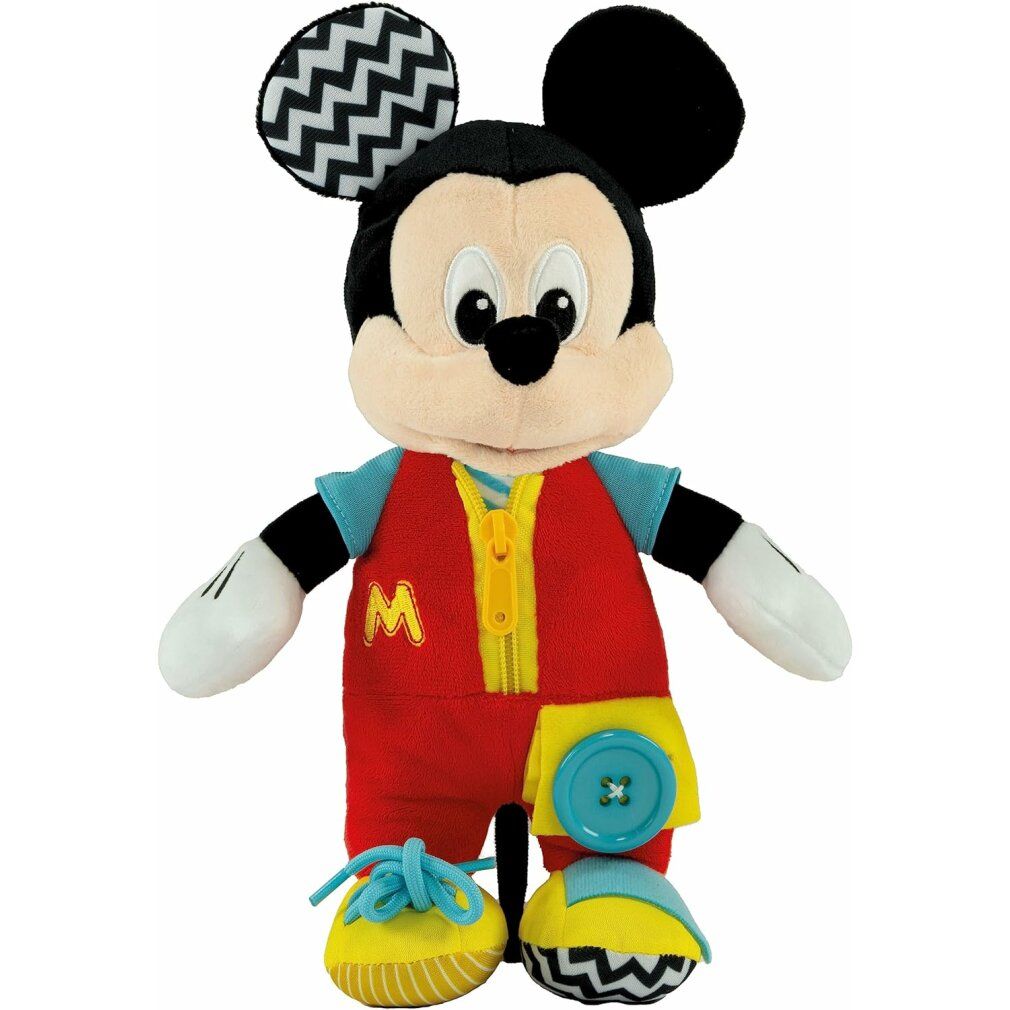 Stofftier Mickey Mouse mit Kleidung zum Anziehen. Roter Overall mit Reißverschluss, Knopf und Schnürsenkeln. Schwarze Ohren mit Zickzackmuster.