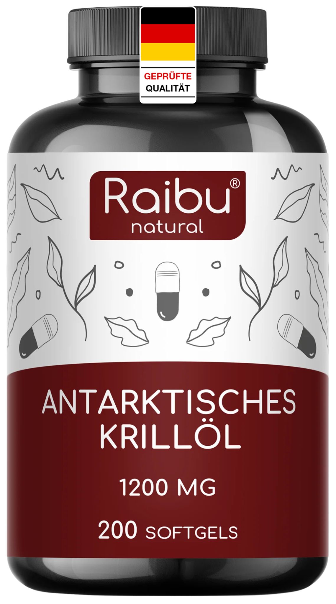 Braune Flasche mit Kapseln. Aufschrift: Antarktisches Krillöl, 1200 mg, 200 Softgels. Deutsches Qualitätssiegel.