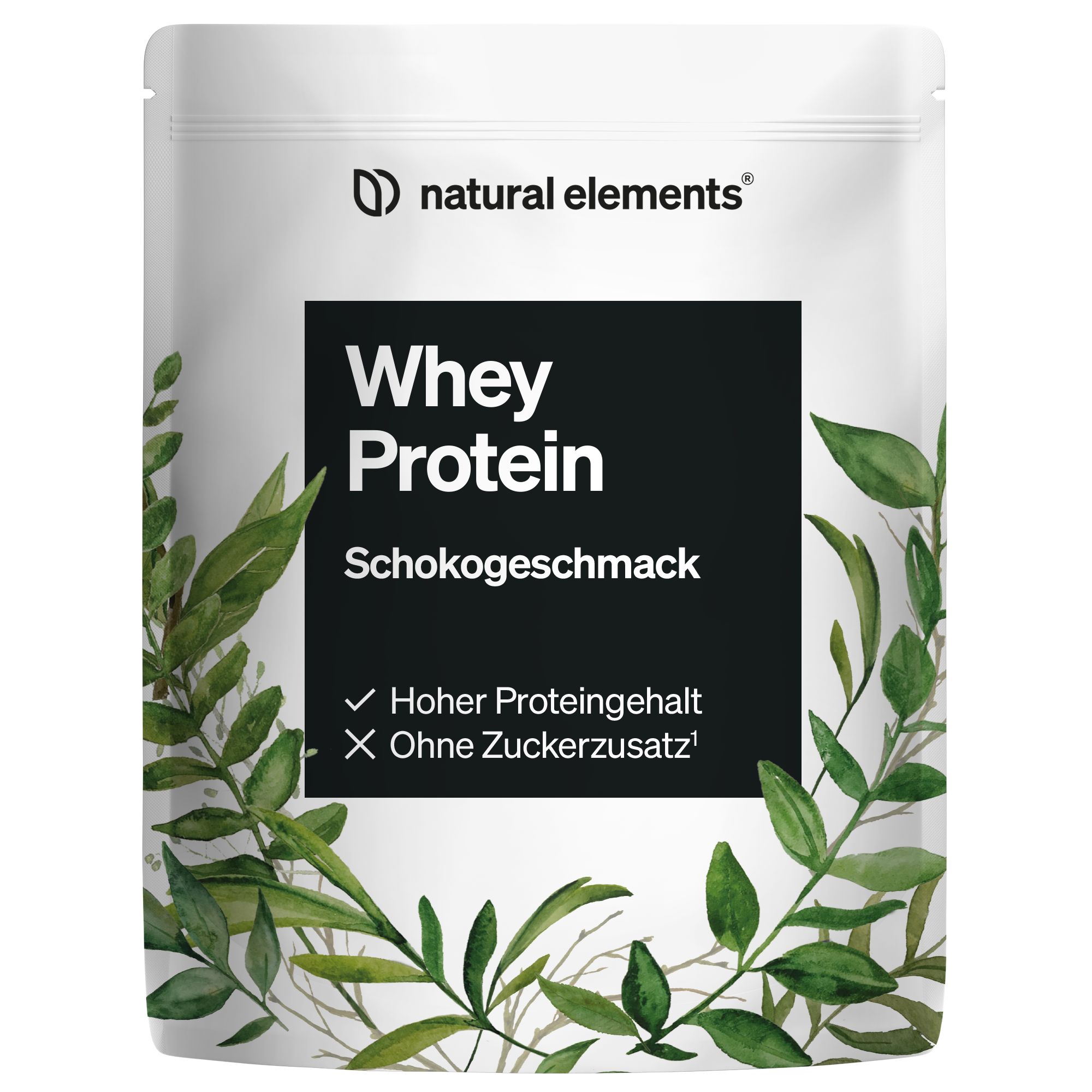 Beutel mit Whey Protein, Schokogeschmack. Marke natural elements. Text: Hoher Proteingehalt, ohne Zuckerzusatz. Grünpflanzen als Dekoration.