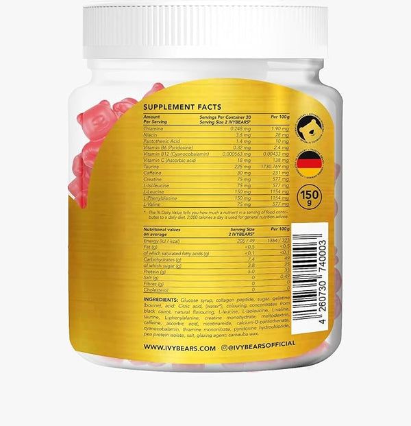 Rückseite einer weißen Flasche mit Supplement Facts. Enthält Nährwertangaben und Inhaltsstoffe. Made in Germany.