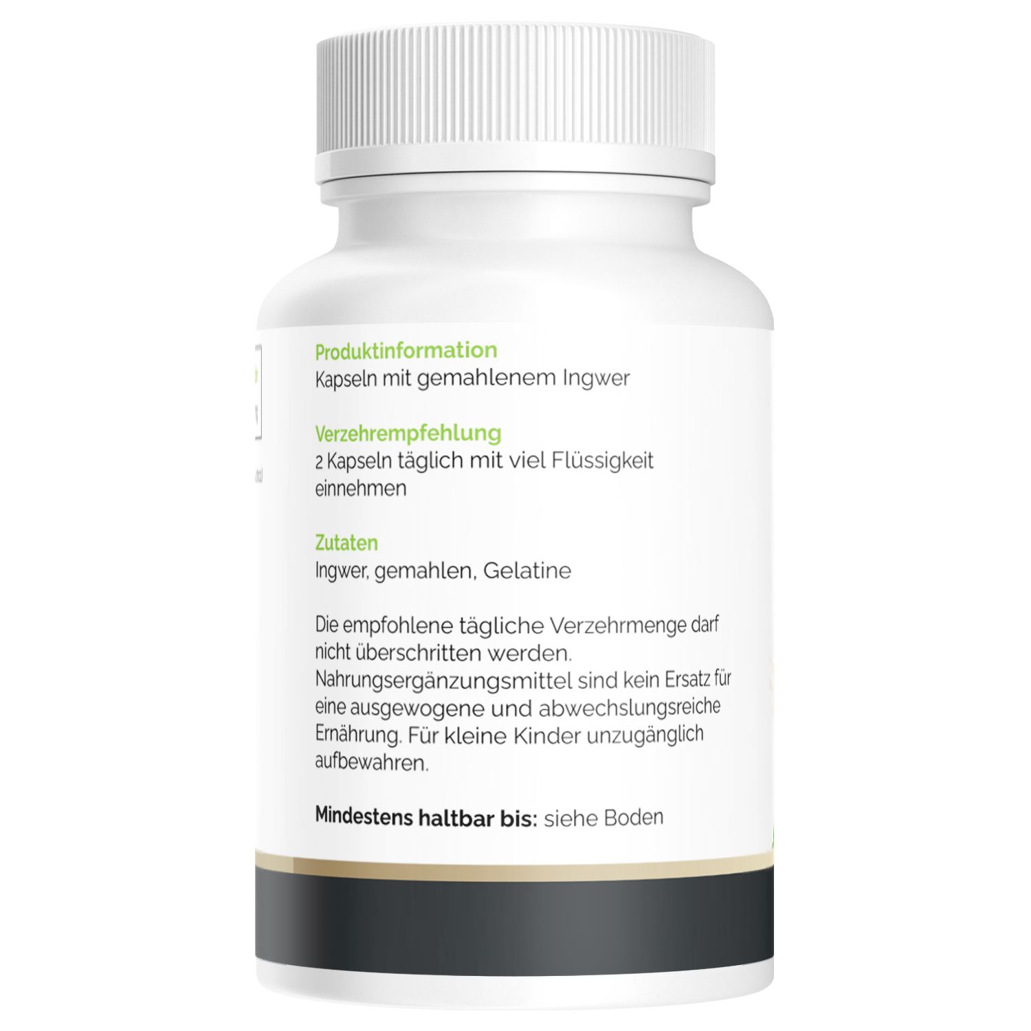 Rückseite einer weißen Flasche. Text: Produktinformationen, Verzehrempfehlung, Zutaten. Text über die empfohlene Tagesdosis und Aufbewahrung.