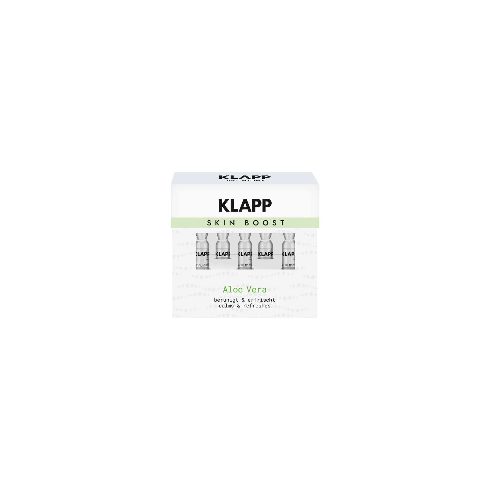 Verpackung mit Ampullen. Aufschrift: KLAPP SKIN BOOST Aloe Vera. Beruhigt & erfrischt.