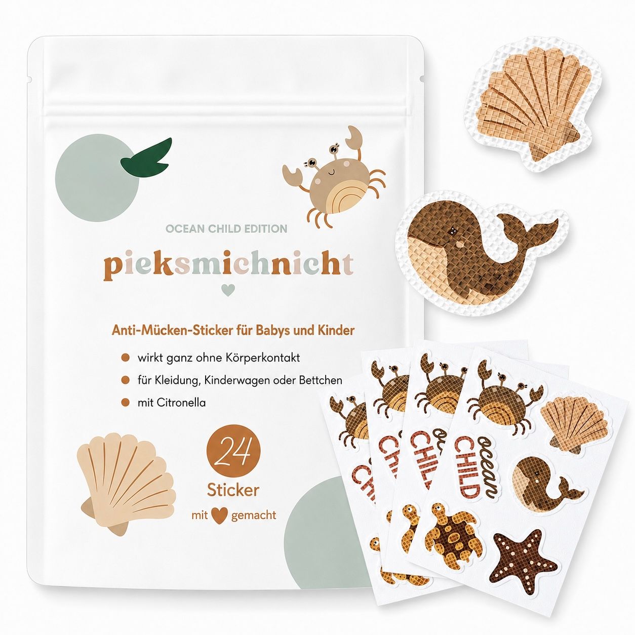 Verpackung mit 24 pflanzlichen Anti-Mücken-Stickern im Ocean Child Design mit Krabben, Muscheln und Meerestieren.
