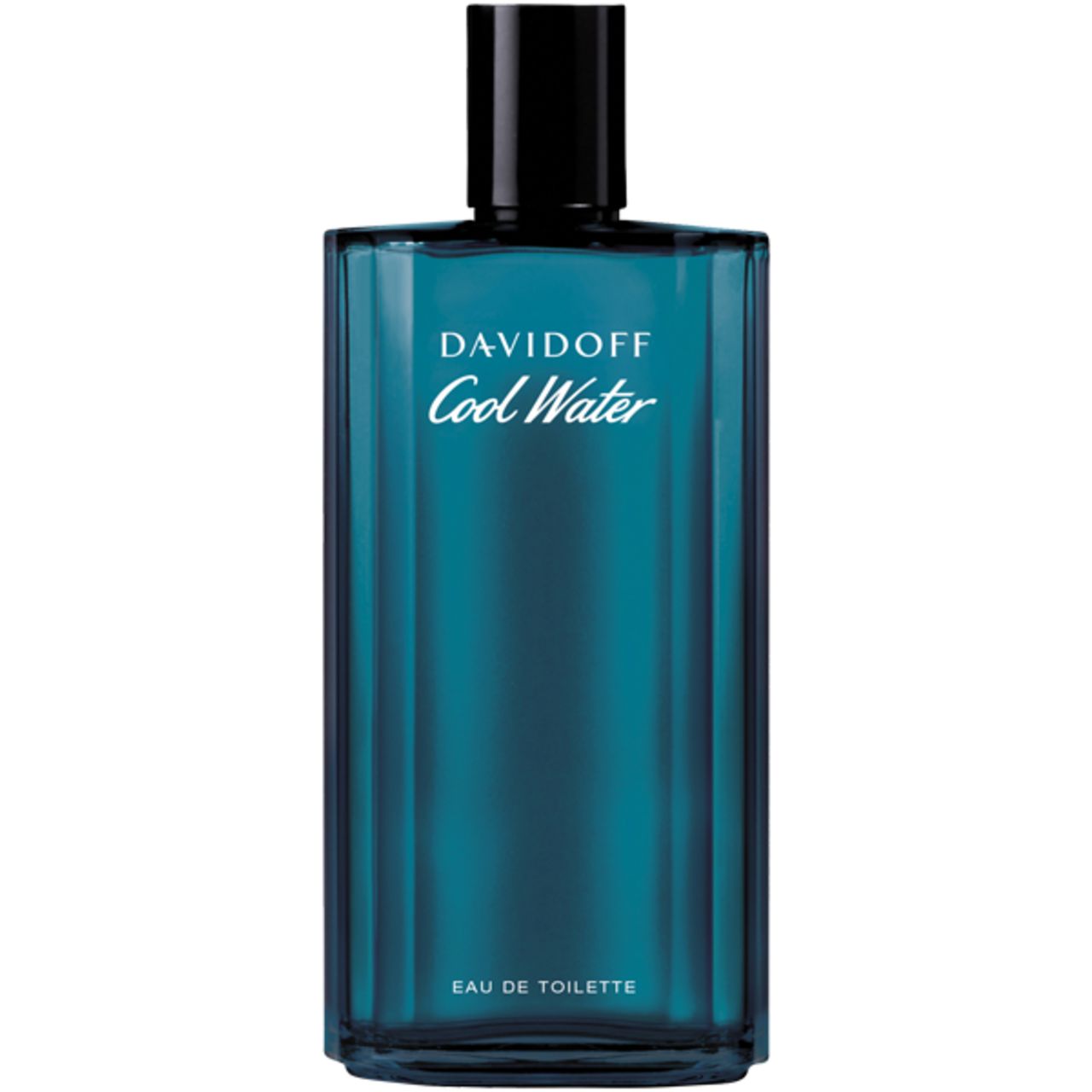 Davidoff Cool Water Eau de Toilette Flakon. Blaues Glas, schwarzer Verschluss. Schriftzug: Davidoff Cool Water, Eau de Toilette.