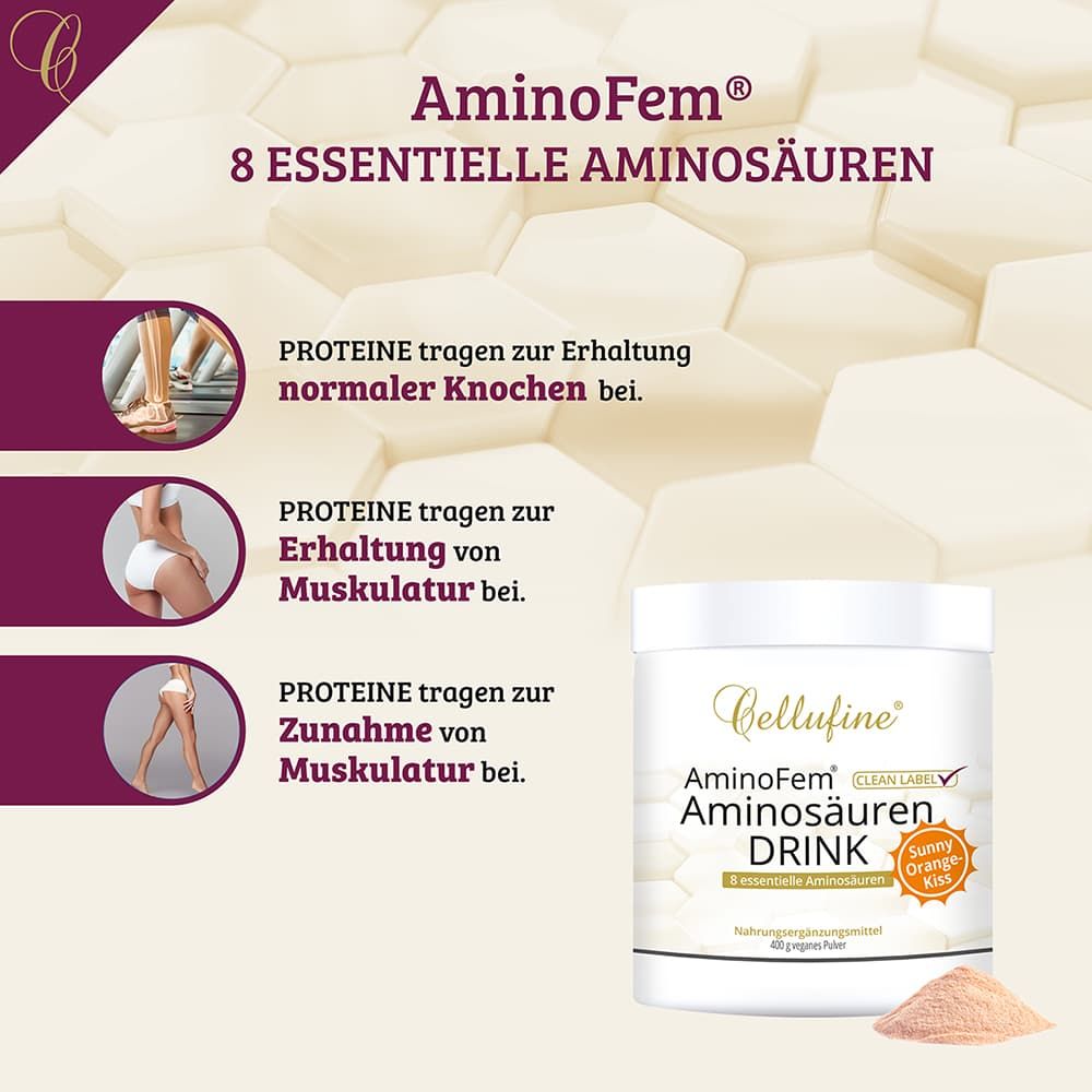 Cellufine AminoFem Aminosäuren Drink. Text: Proteine tragen zur Erhaltung normaler Knochen, Muskulatur bei, Zunahme von Muskulatur. Orangefarbenes Pulver.