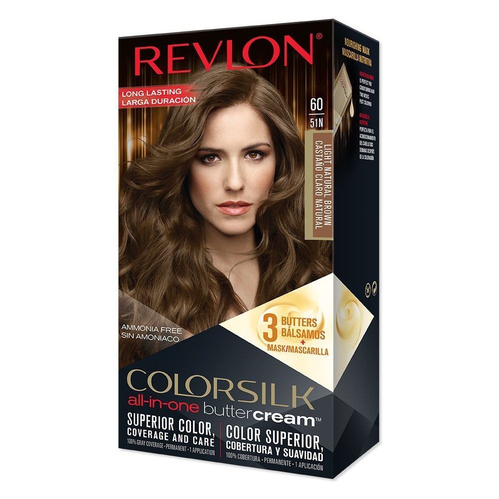 Revlon Colorsilk Haarfarbe. Verpackung mit Frau und Haarfarbe. Enthält 3 Butter Balsame. Farbton: 60 51N Light Natural Brown.