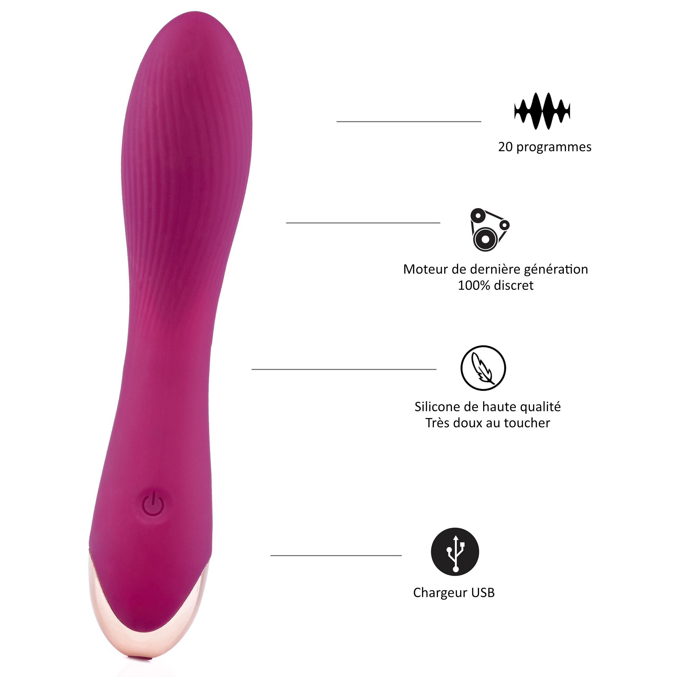 Lila Vibrator mit geripptem Kopf. Merkmale: 20 Programme, Silikon, USB-Ladekabel.